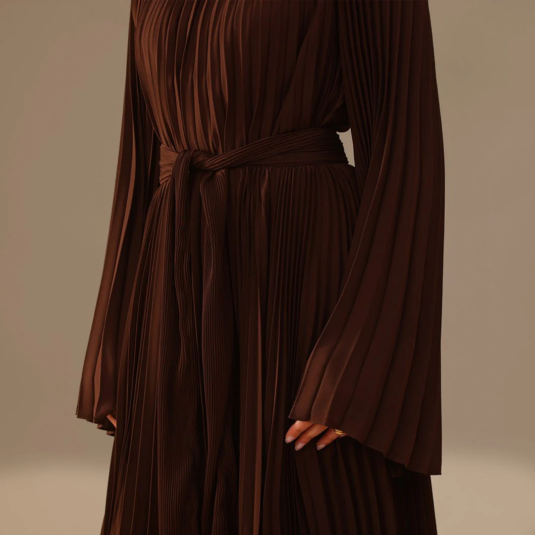 Brown All Pleats Long Sleeve Chiffon Dress - Image 3
