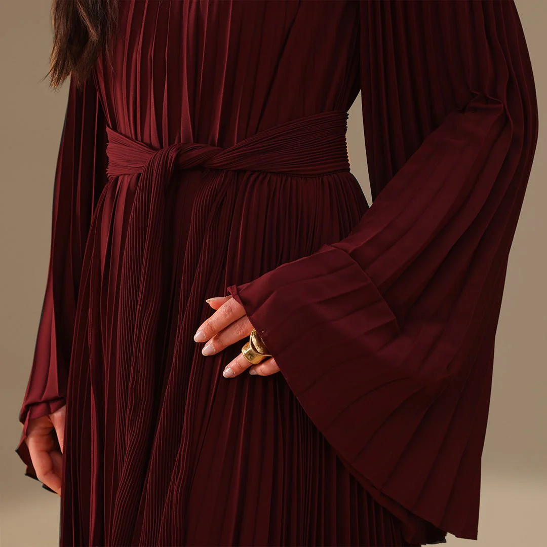 Burgundy All Pleats Long Sleeve Chiffon Dress - Image 4