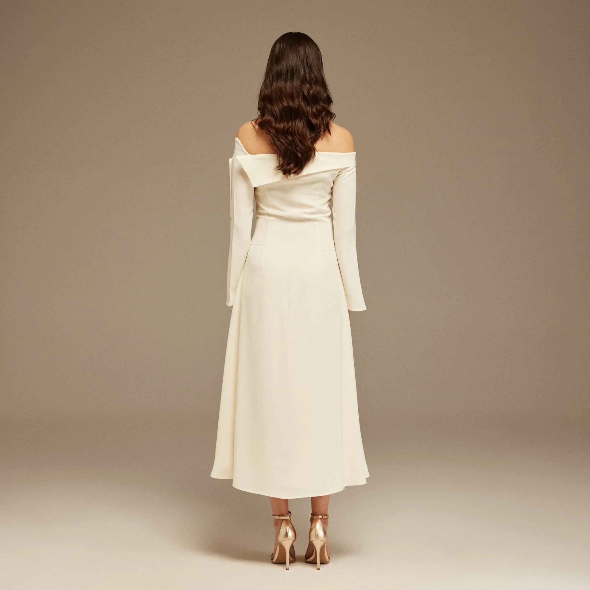 Crepe Ivory Asymmetric folded neckline A-line Midi Dress - Image 4