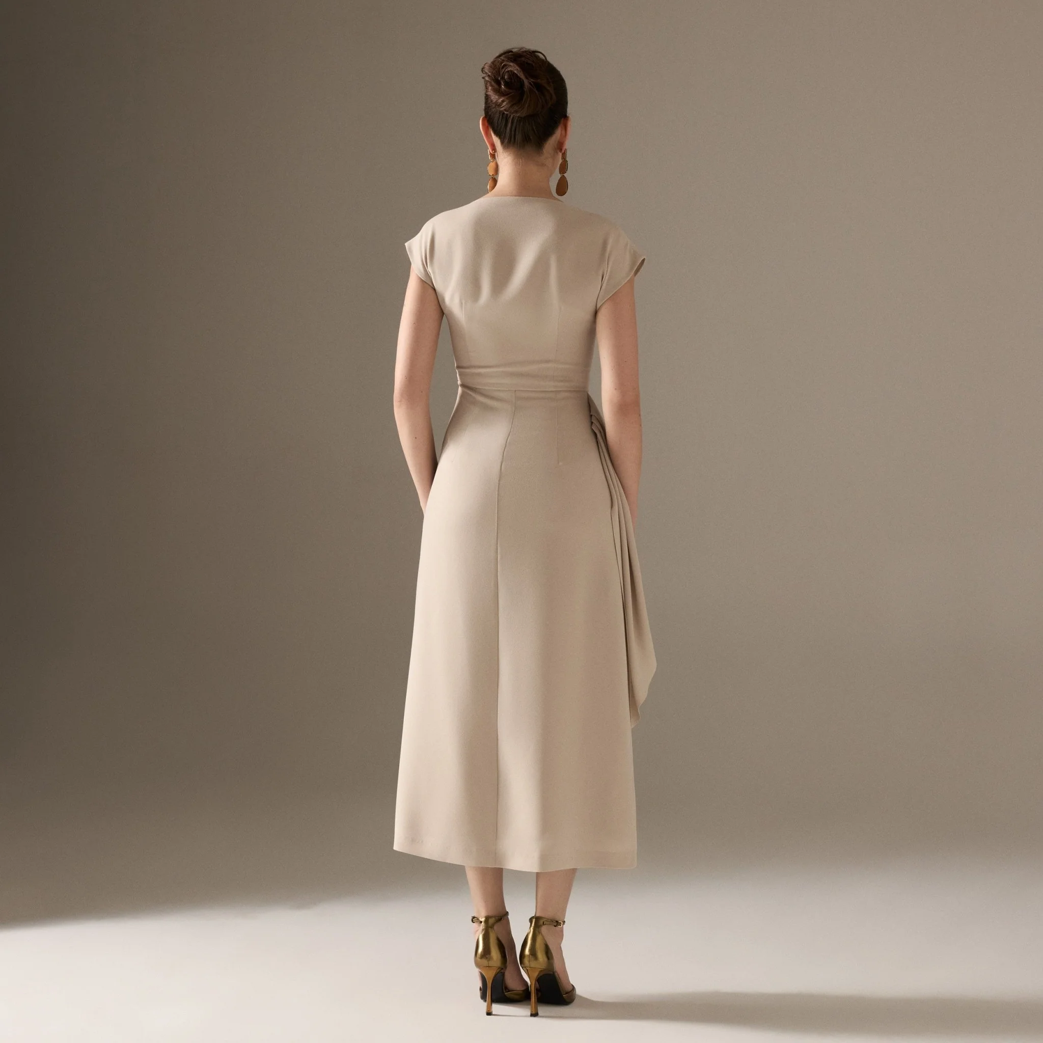 Asymmetric Neck Angel Sleeve Midi Dress - Image 4