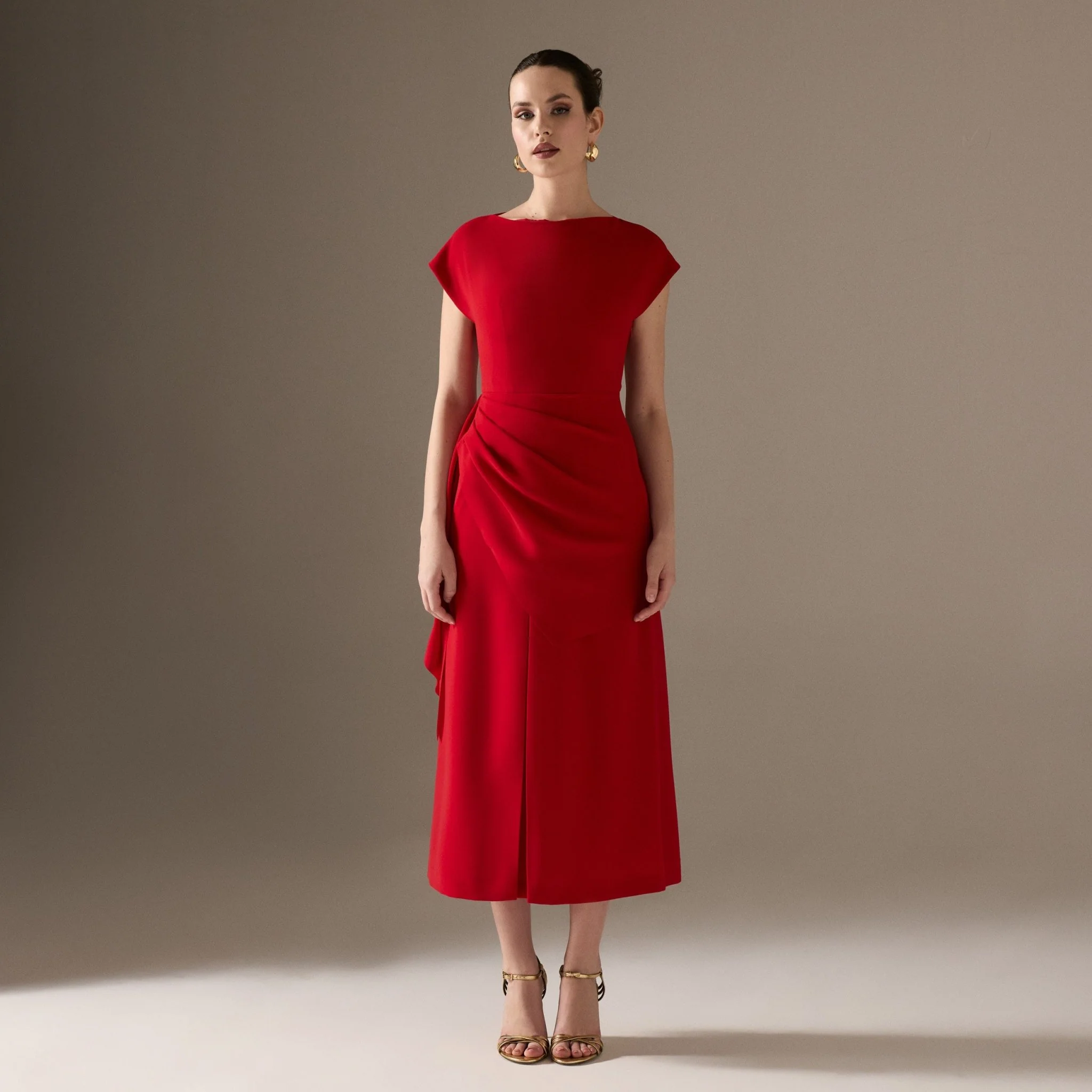 Asymmetric Neck Angel Sleeve Midi Dress - Image 2
