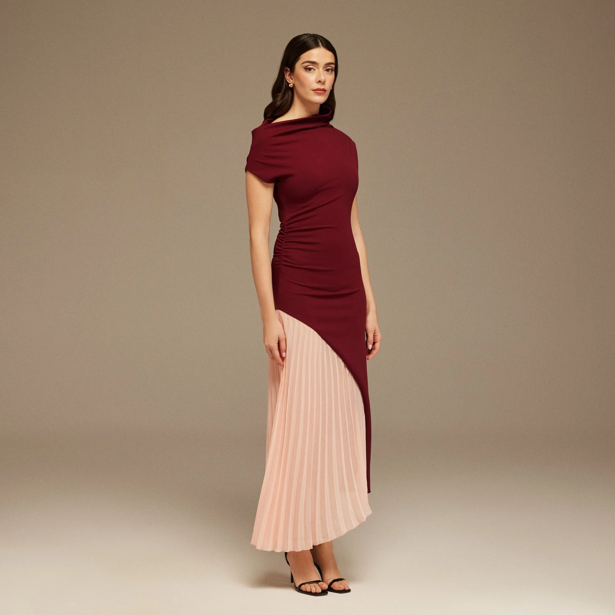 Burgundy & Pink Asymmetric Neckline Midi Dress with Pleats - Image 2