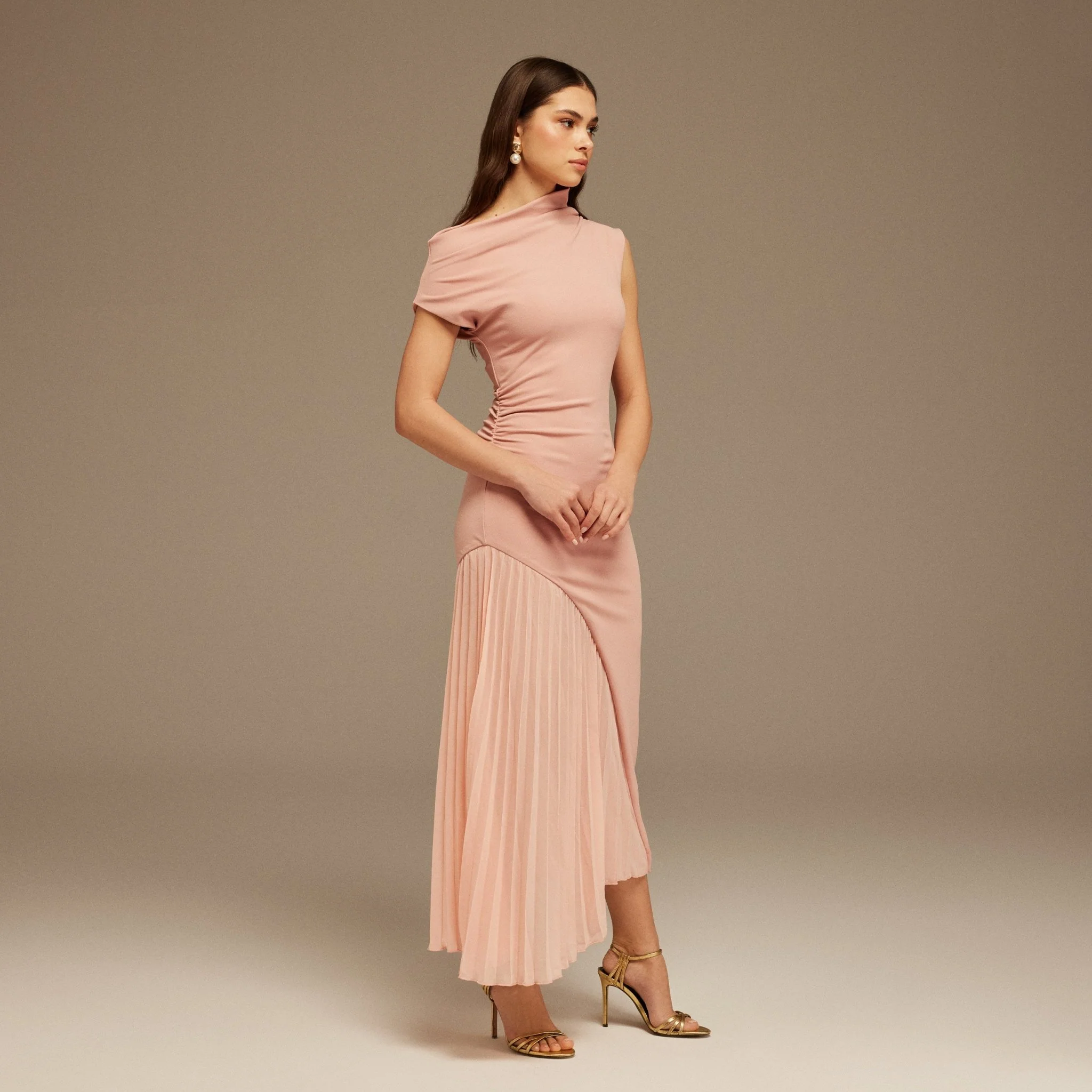 Pink Asymmetric Neckline Midi Dress with Pleats - Image 2