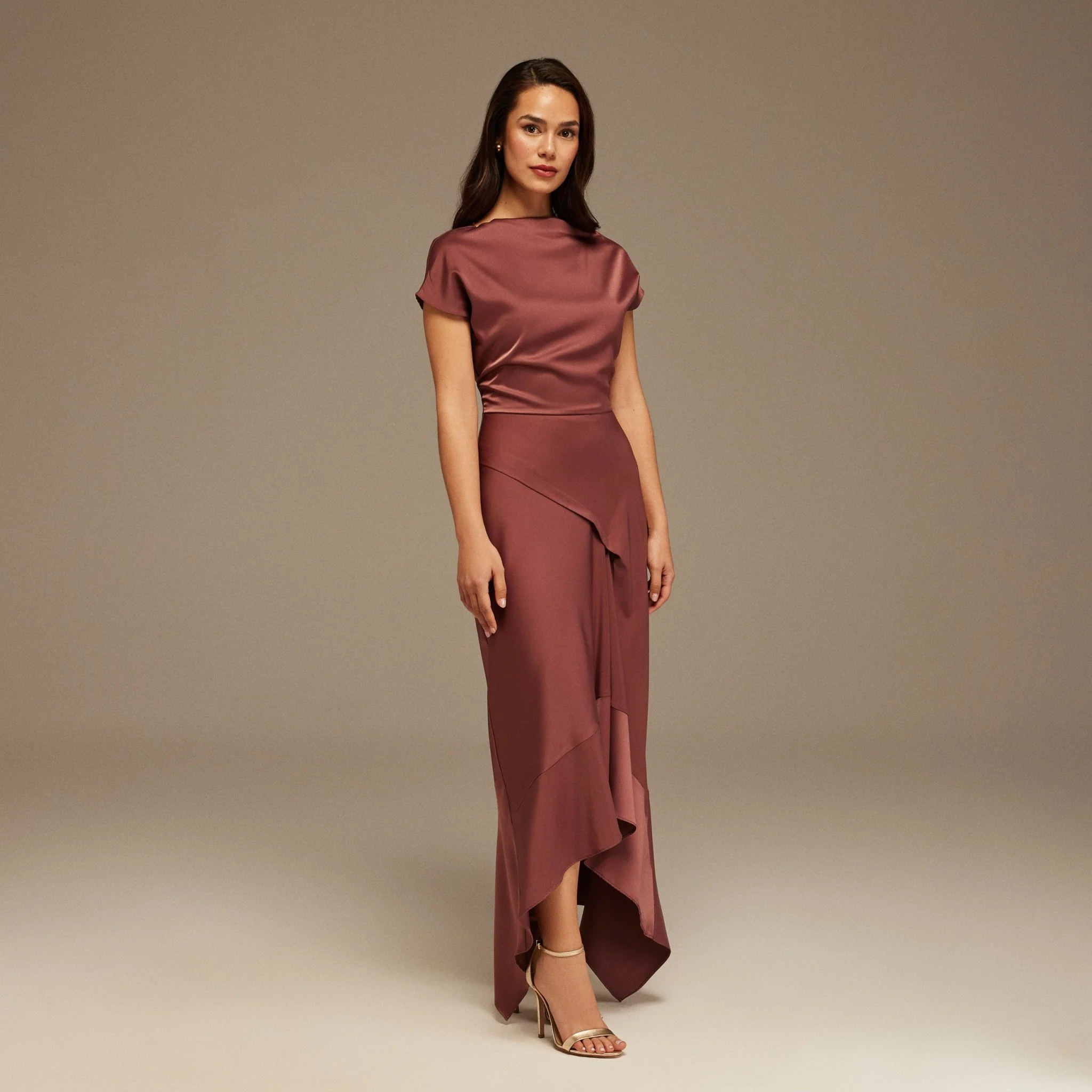 Muted Clay Dropped Sleeve Asymmetric Midi Dress - Image 2
