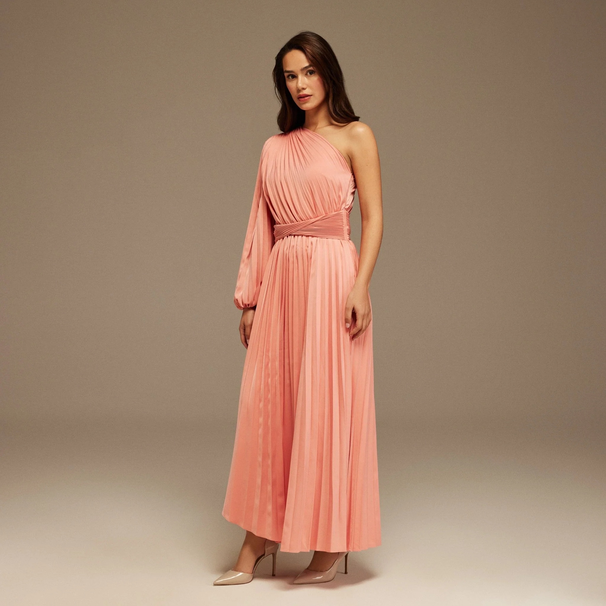 Pink Asymmetric One Sleeve Pleated Long Dress - Image 2