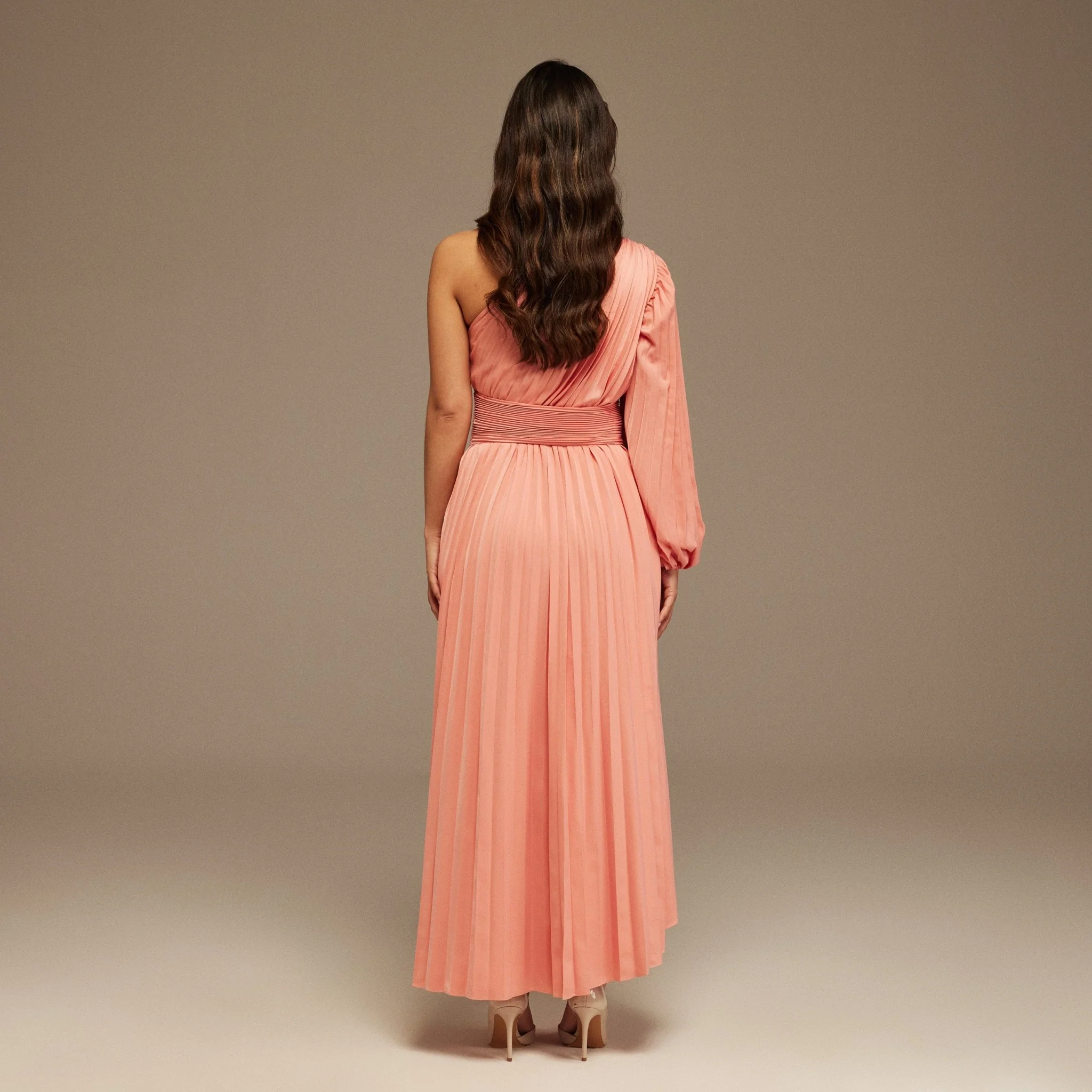 Pink Asymmetric One Sleeve Pleated Long Dress - Image 4