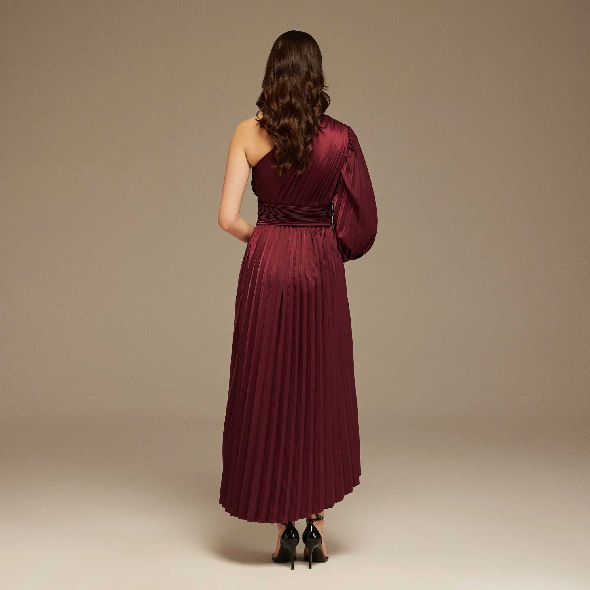 Burgundy Asymmetric One Sleeve Pleated Long Dress - Image 4