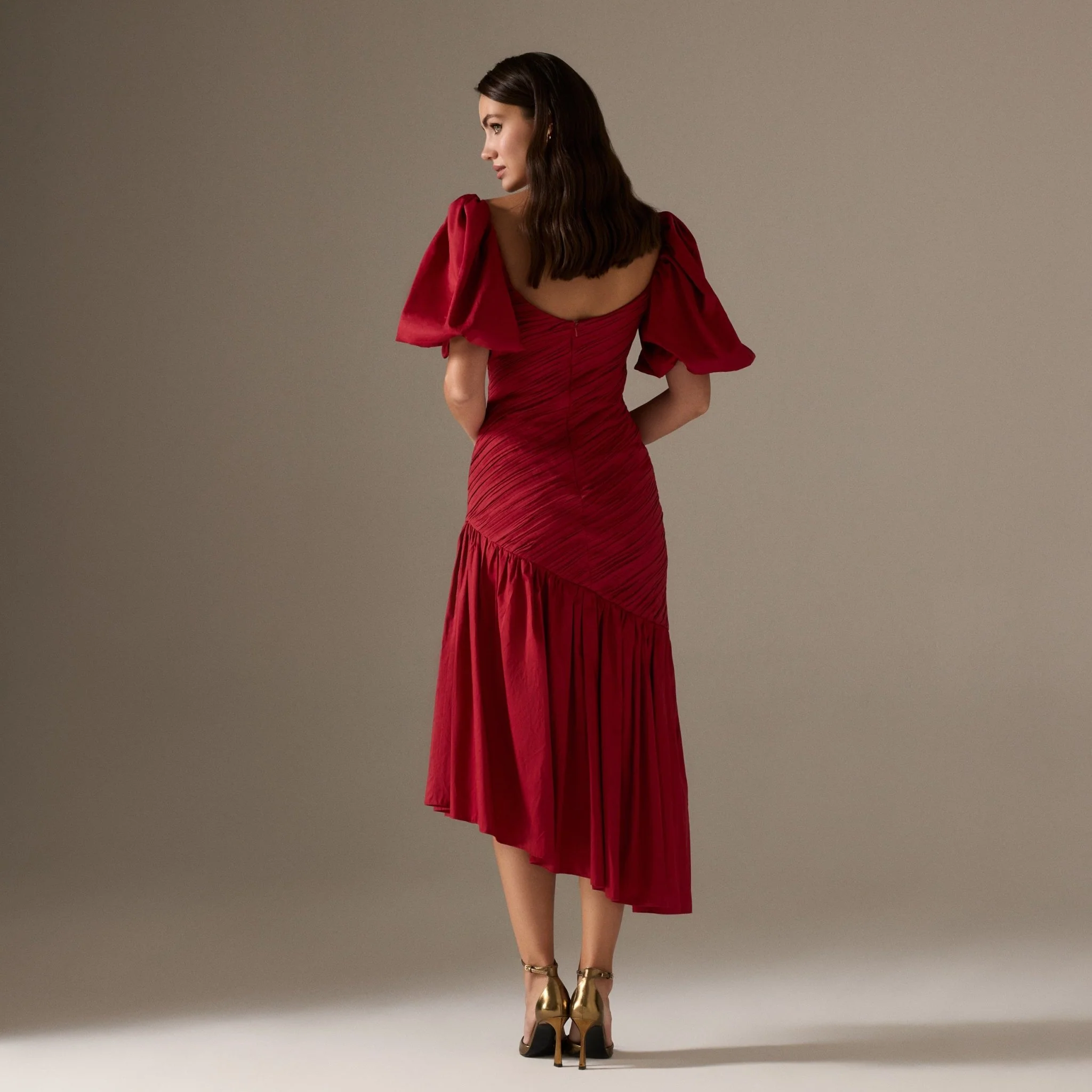 Red Asymmetric ruffled Poplin Midi dress - Image 3