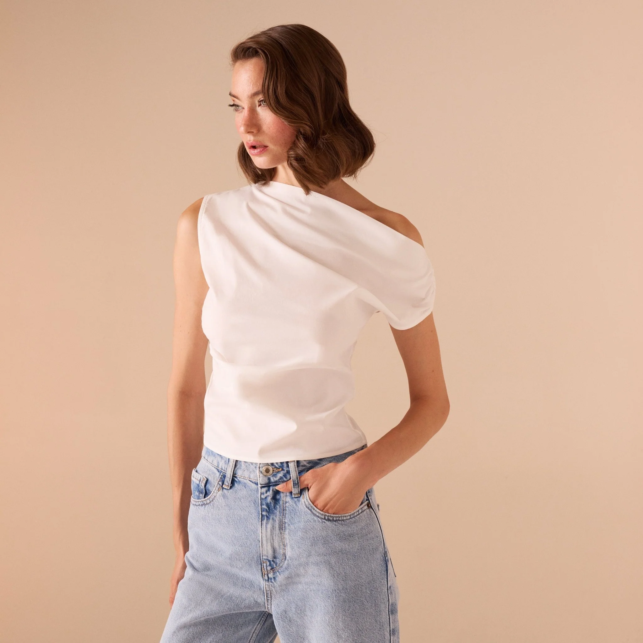 Asymmetric Shoulder Poplin Top - Image 2