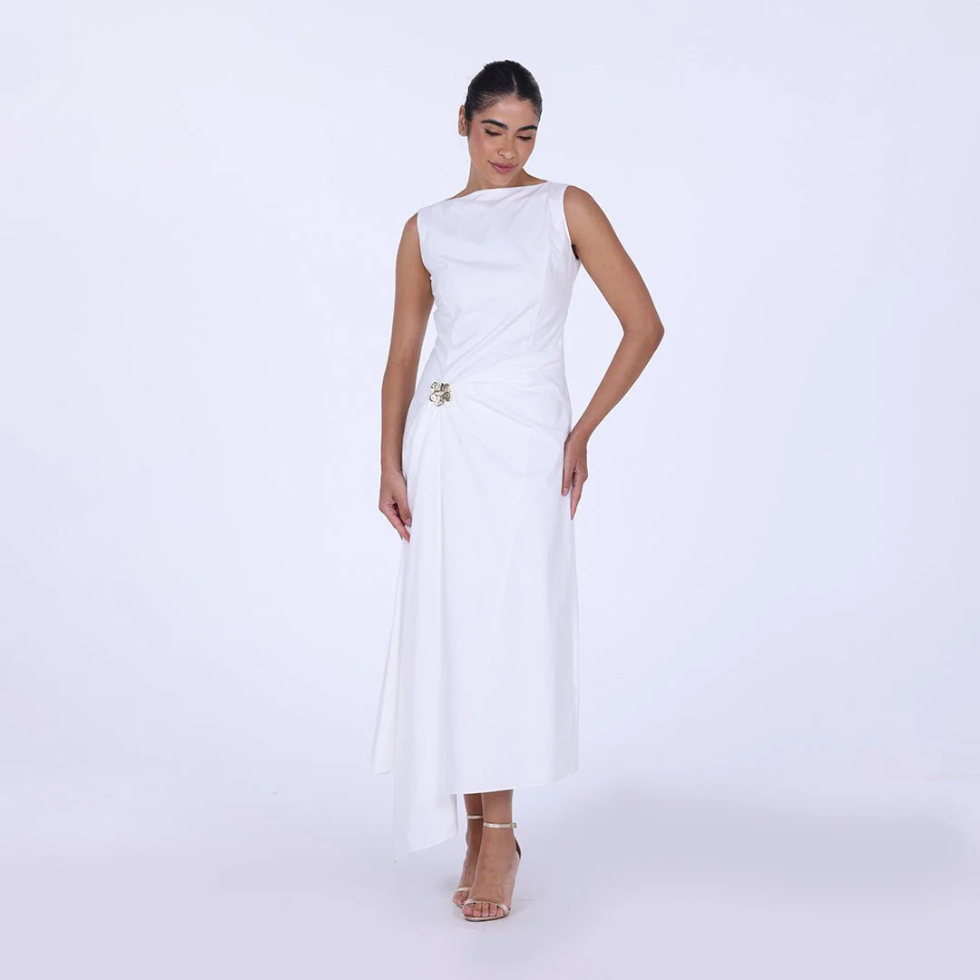 Asymmetric Twisted 100% Cotton Midi Dress - Image 2