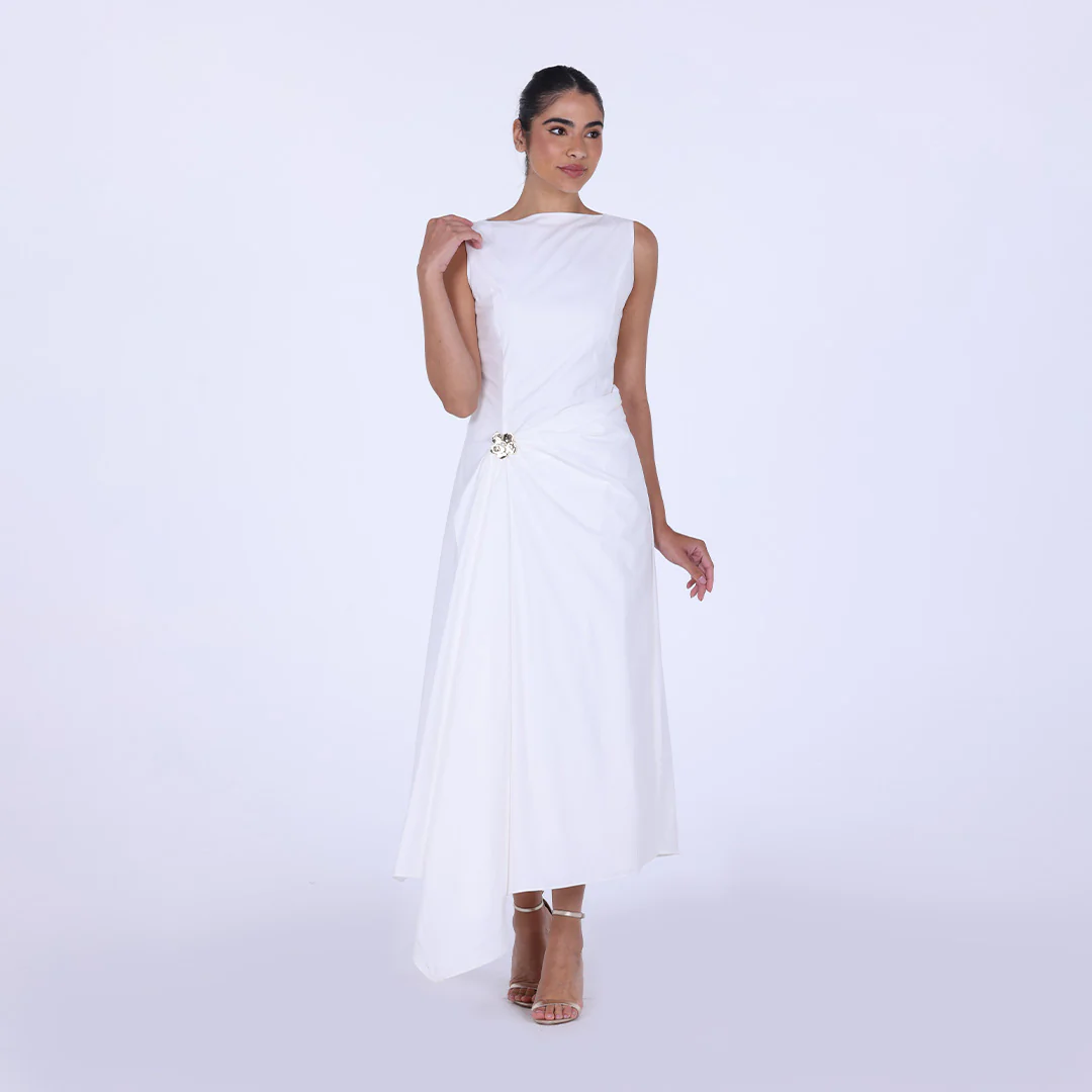 Asymmetric Twisted 100% Cotton Midi Dress - Image 3