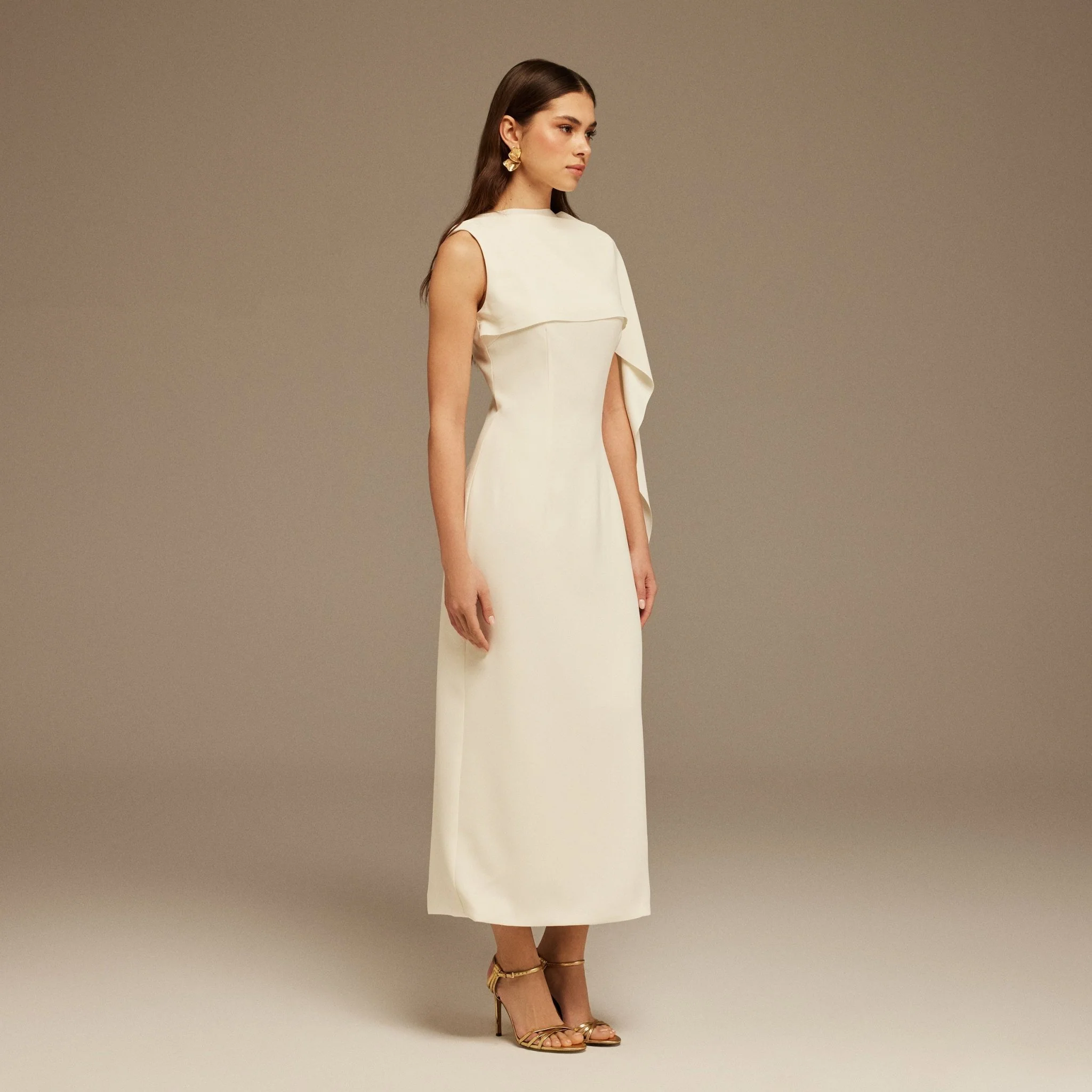 Ivory Asymmetrical Back Draped Maxi Dress - Image 3