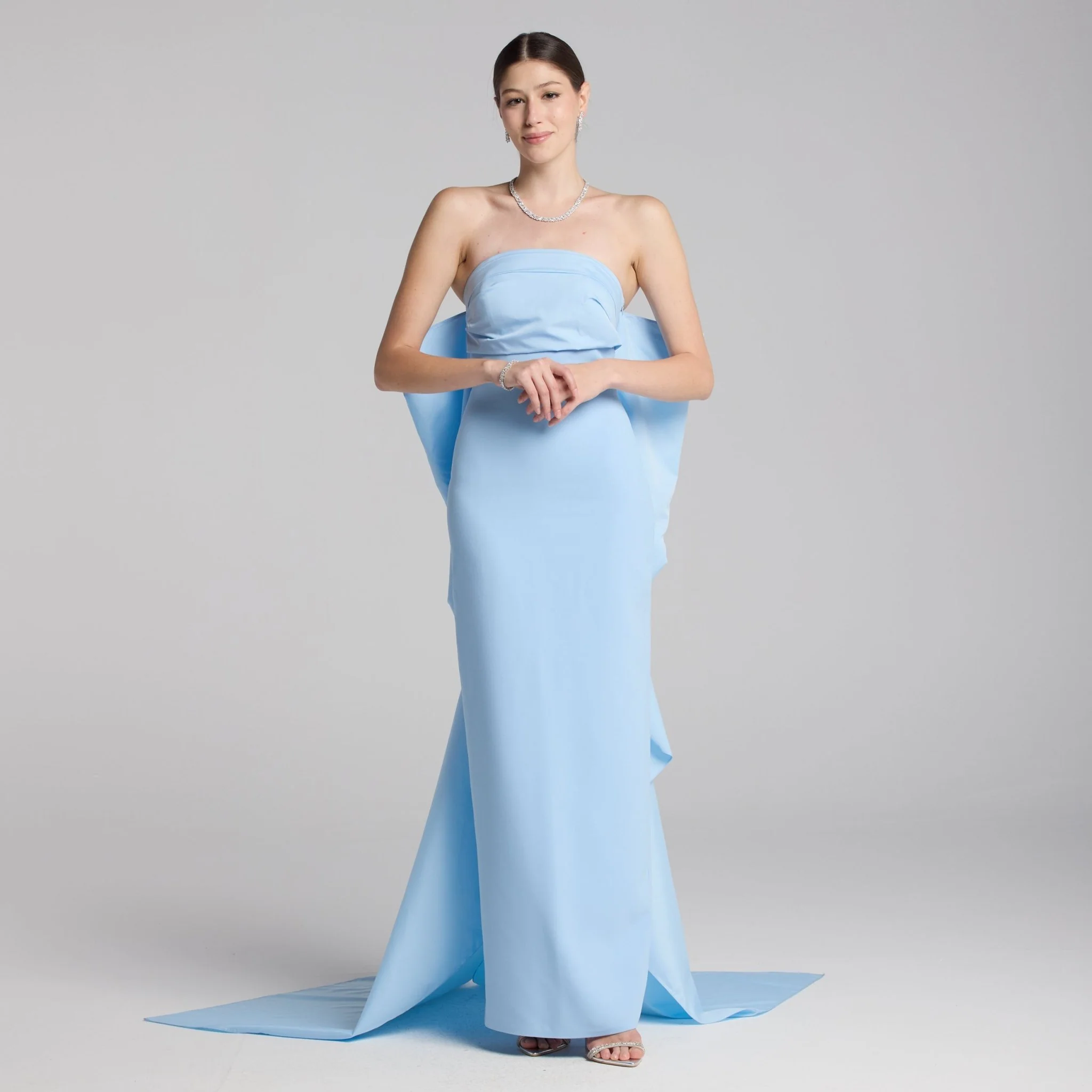 Baby Blue Crepe and Taffeta Strapless Bow Gown