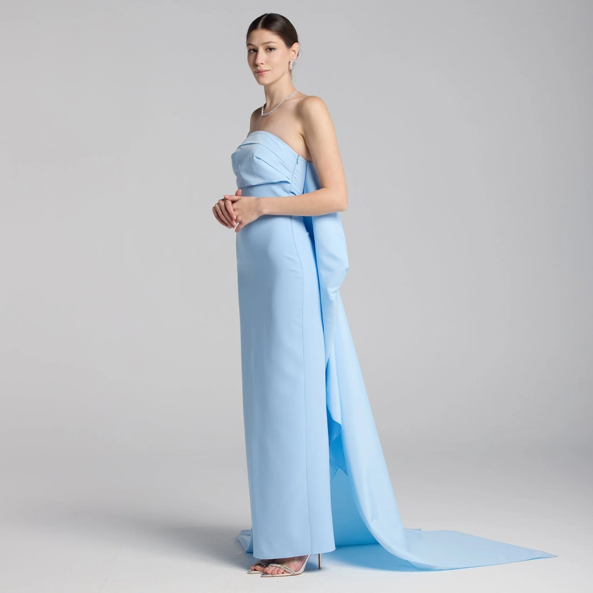 Baby Blue Crepe and Taffeta Strapless Bow Gown - Image 3