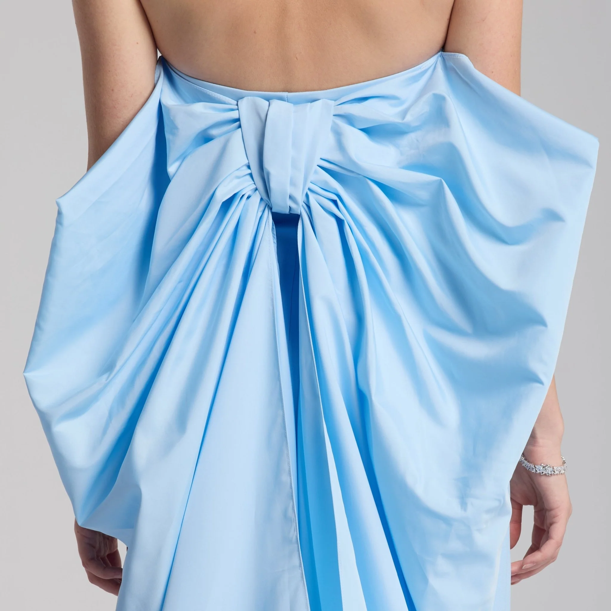Baby Blue Crepe and Taffeta Strapless Bow Gown - Image 5