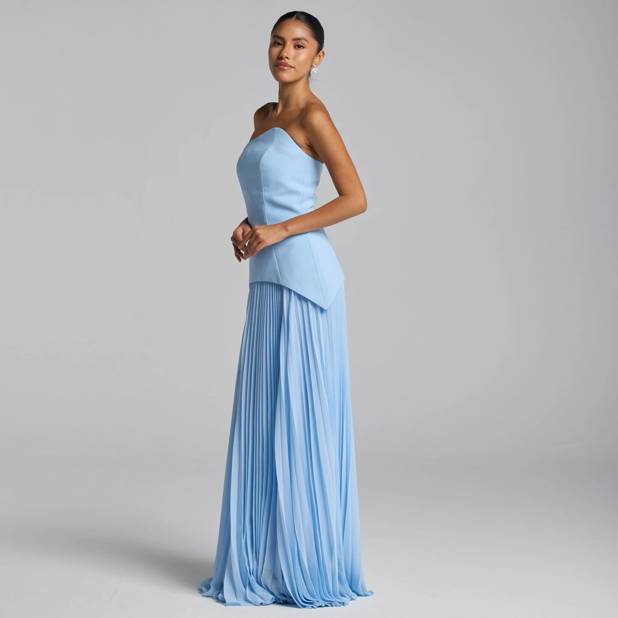 Baby Blue Crepe & Chiffon Dress with Pleated Skirt - Image 2