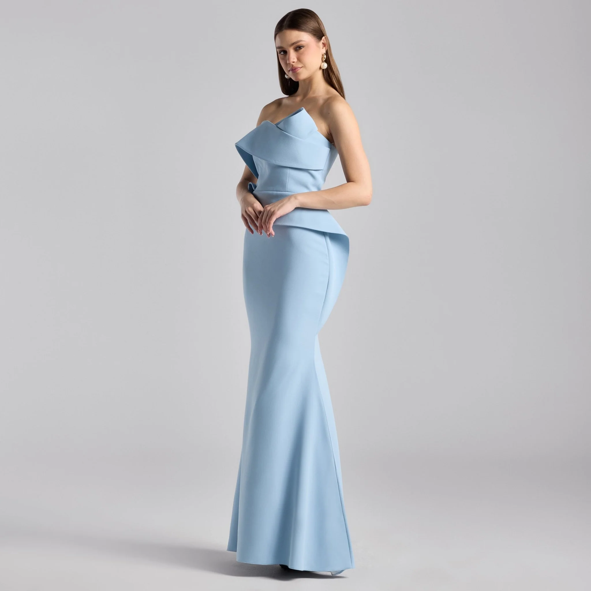 Baby Blue Crepe Gown with Peplum Drape - Image 2