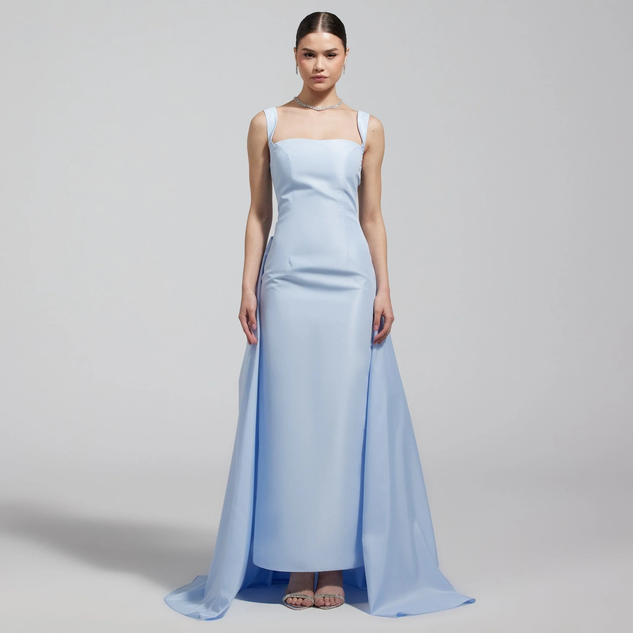 Baby Blue Taffeta Straight Gown with Back Overlay