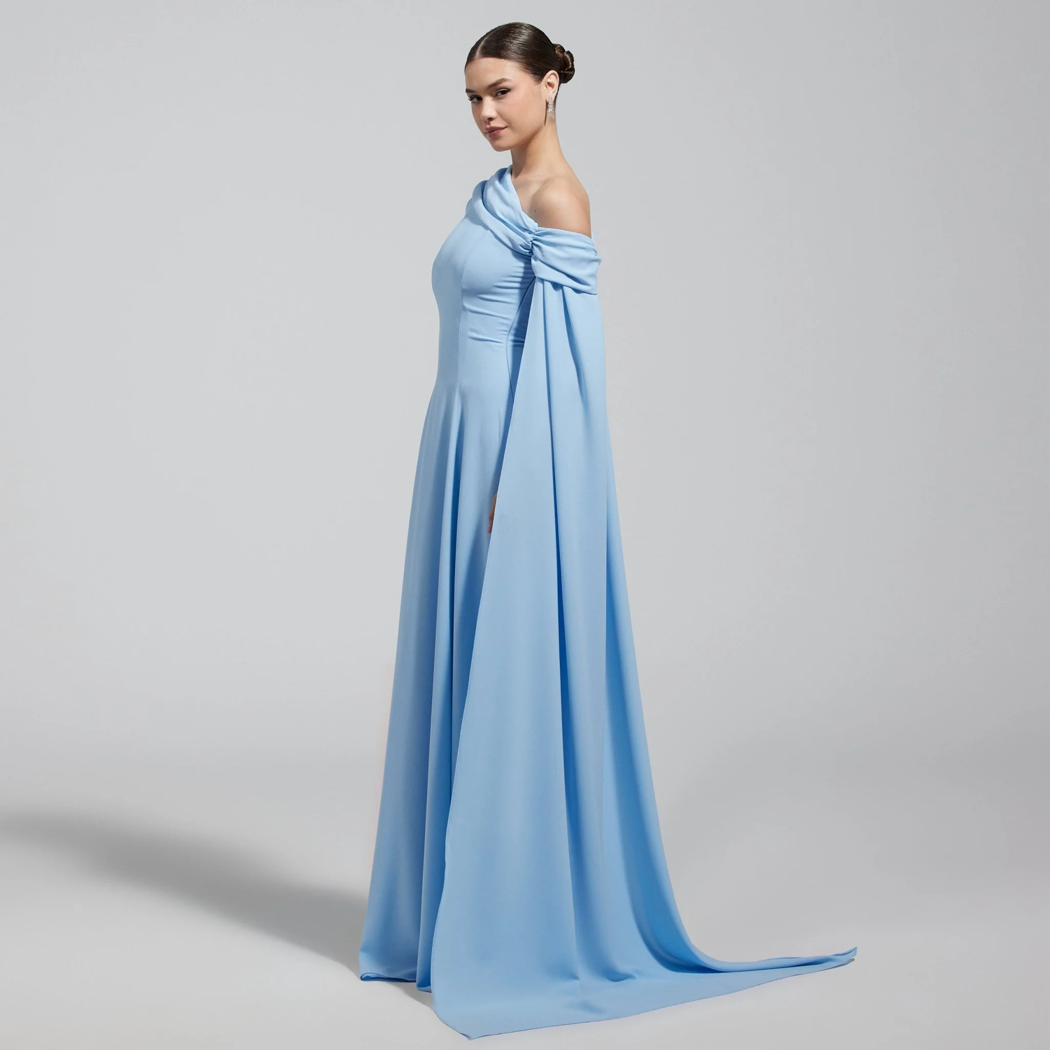 Baby Blue One Shoulder Crepe Maxi Dress with Drape Sleeve - Image 2
