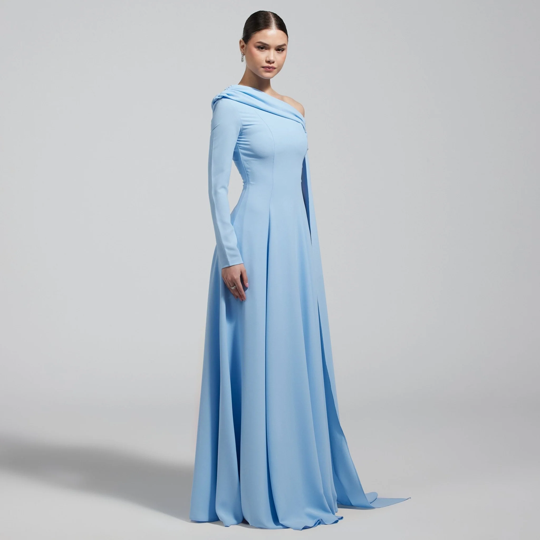 Baby Blue One Shoulder Crepe Maxi Dress with Drape Sleeve - Image 3