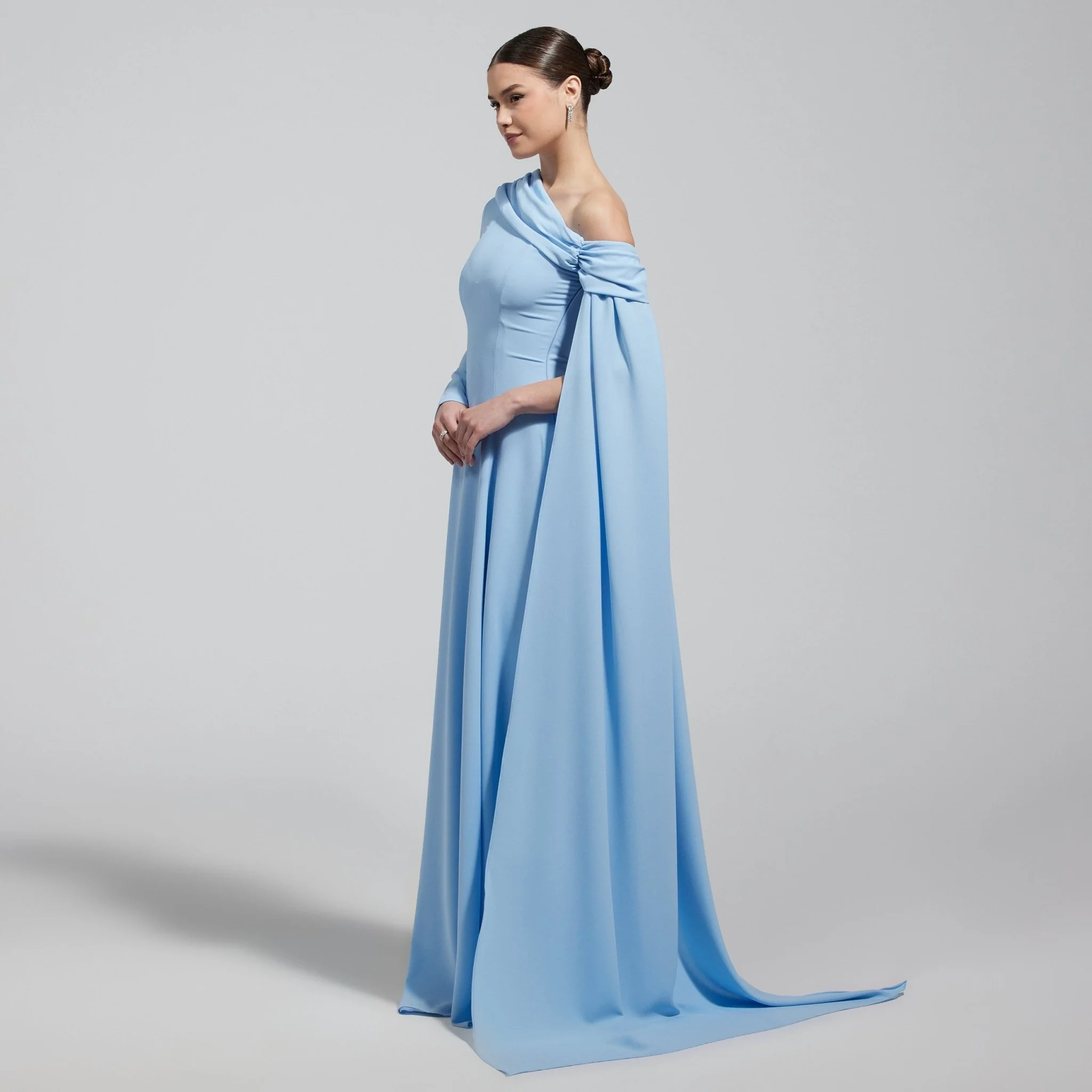 Baby Blue One Shoulder Crepe Maxi Dress with Drape Sleeve - Image 4