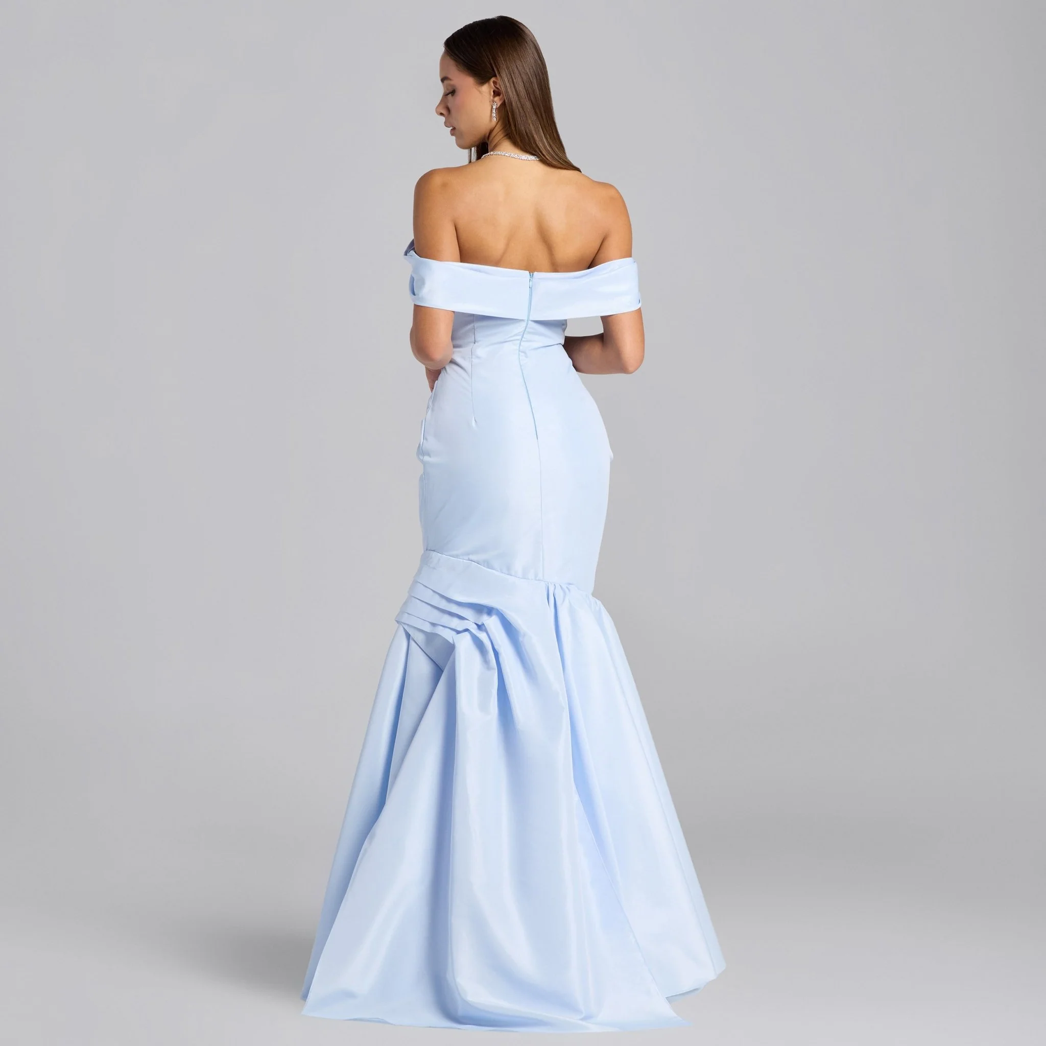 Baby Blue Taffeta Off Shoulder Dress with Ruffled Hem - Image 4