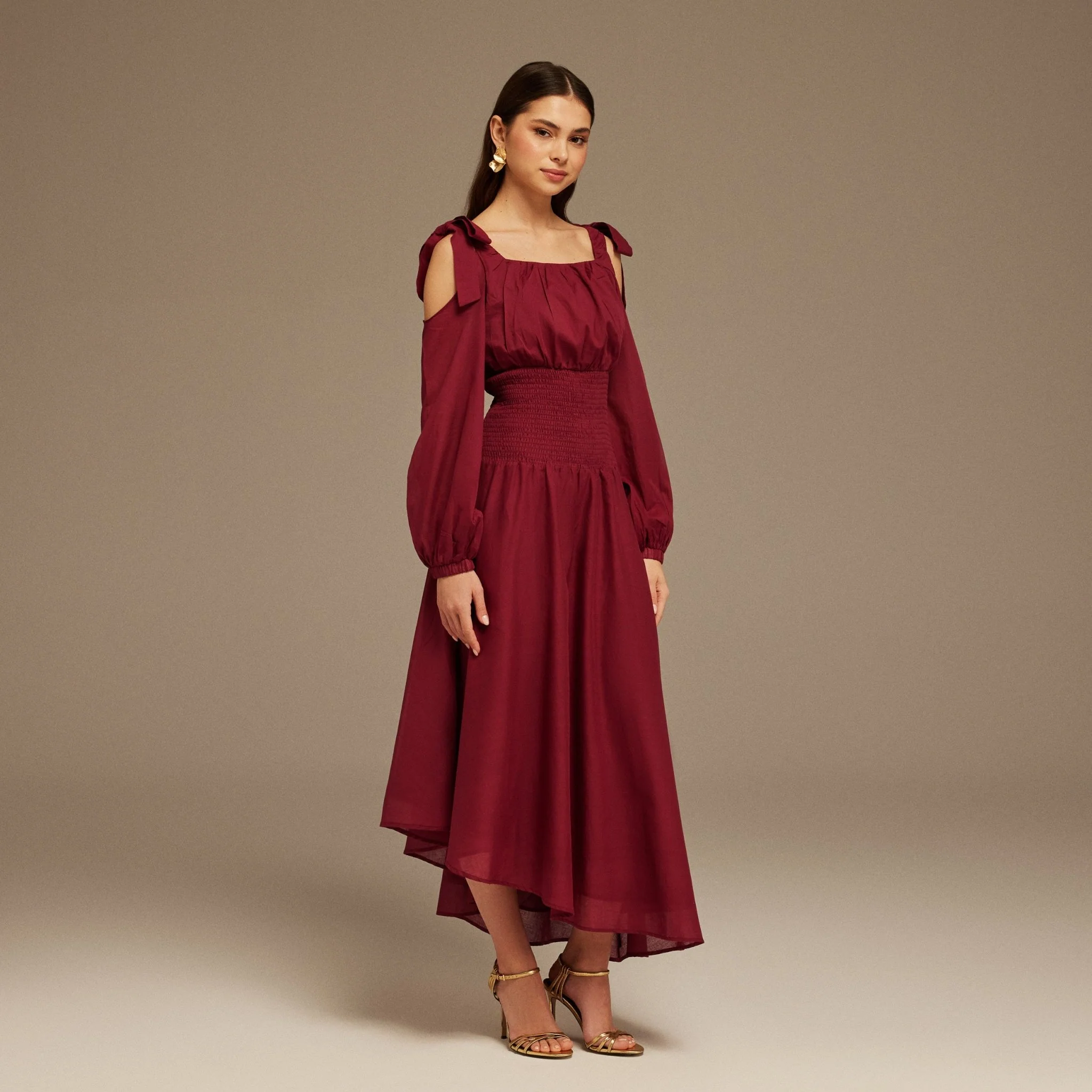 Plum Balloon Long Sleeve With Ruched Waist Midi Dress - Image 2
