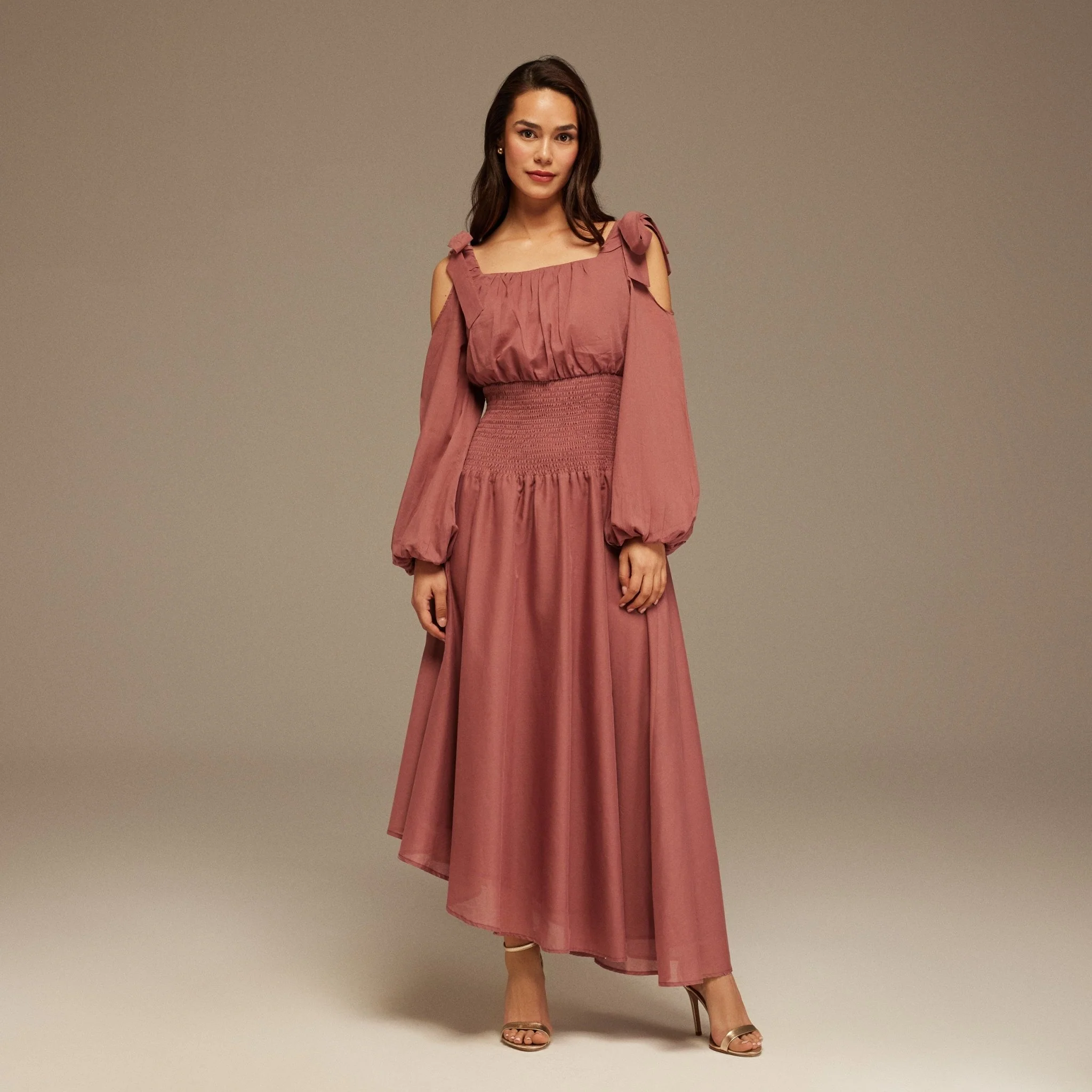 Muted Clay Balloon Long Sleeve With Ruched Waist Midi Dress
