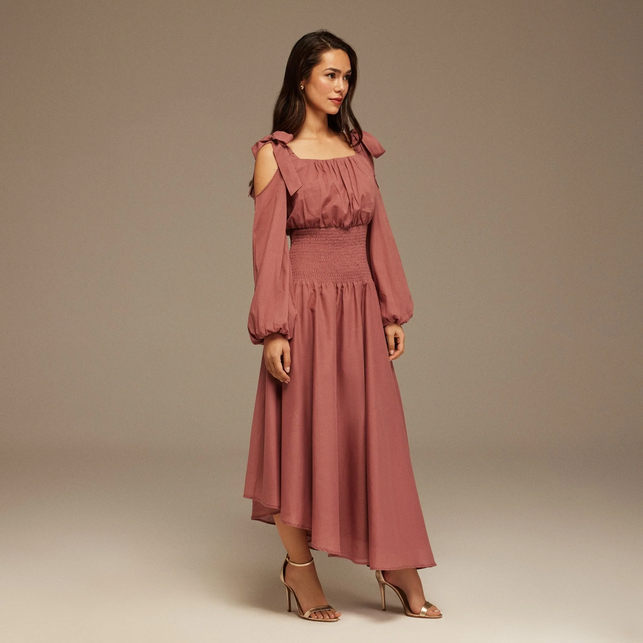Muted Clay Balloon Long Sleeve With Ruched Waist Midi Dress - Image 2