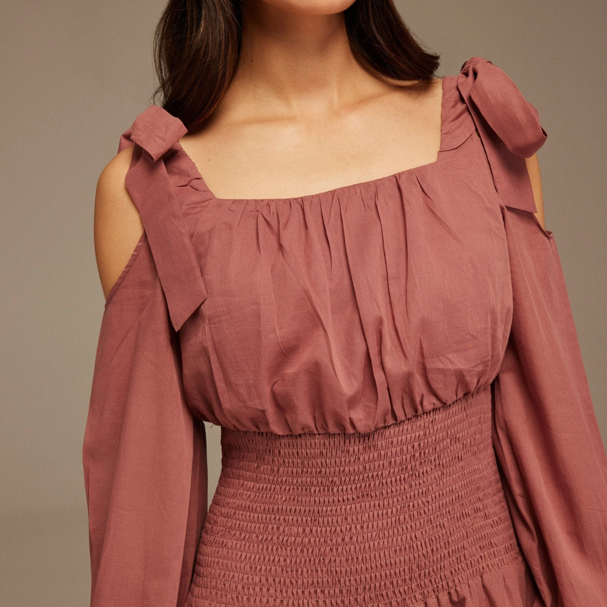 Muted Clay Balloon Long Sleeve With Ruched Waist Midi Dress - Image 3