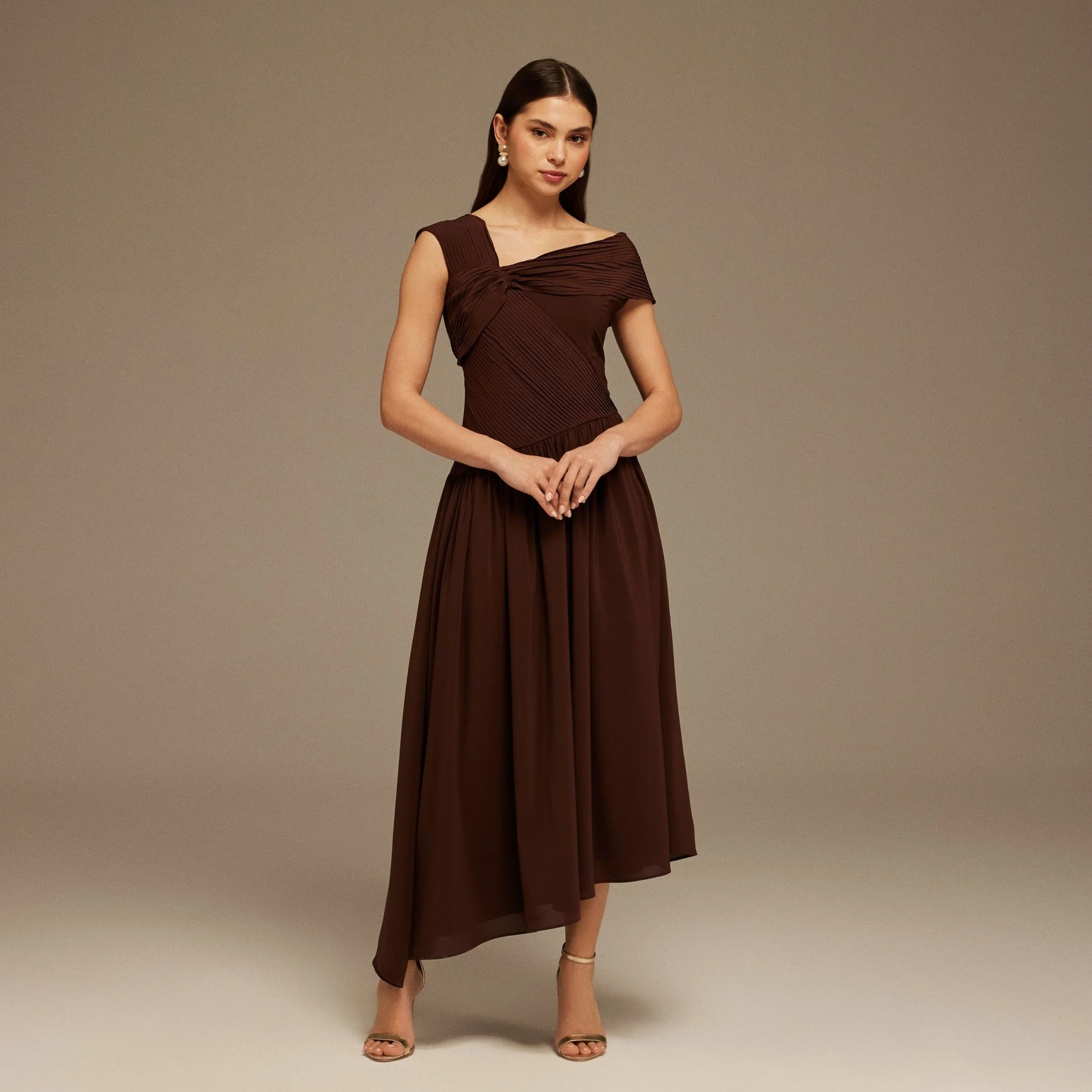 Brown Bare shoulder A-line midi dress