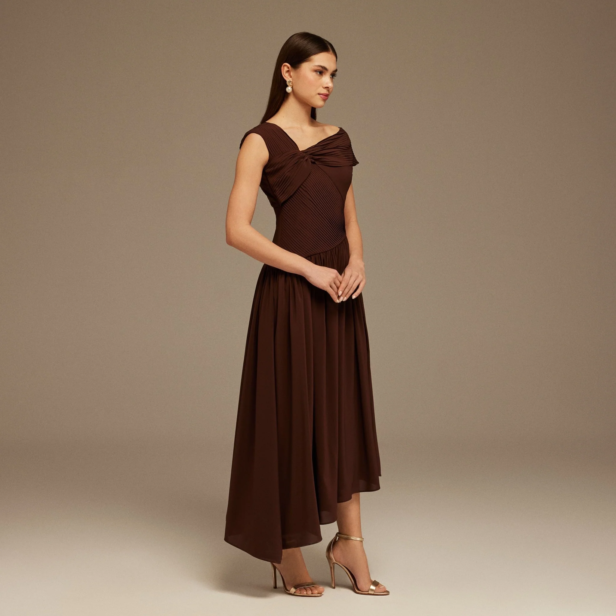 Brown Bare shoulder A-line midi dress - Image 2
