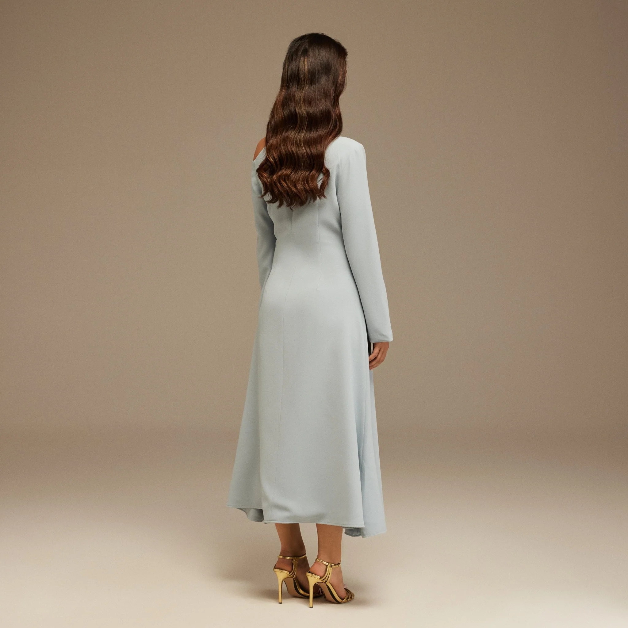 Light Blue Bare shoulder Crepe Midi dress - Image 3