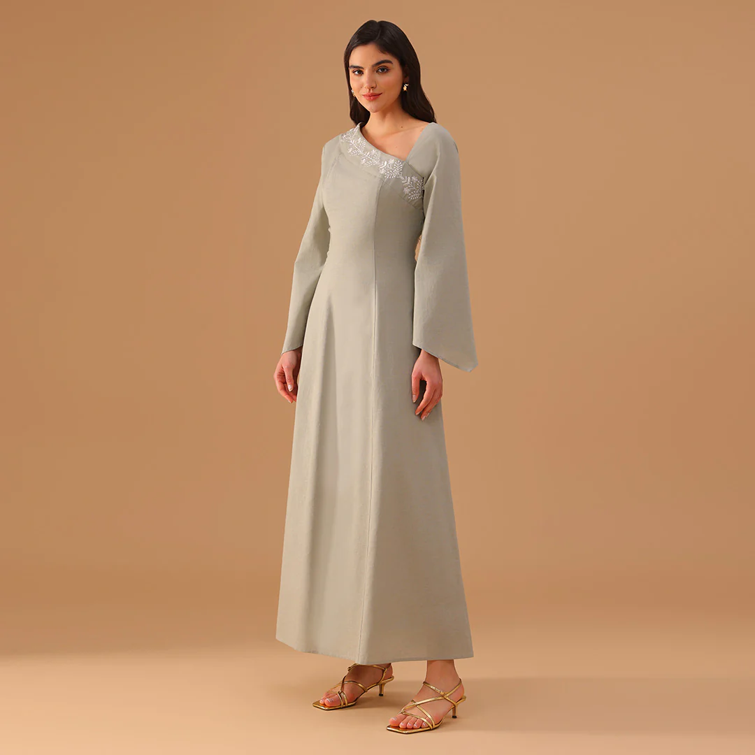 Grey Lenin Bare Shoulder Embroidered Dress - Image 2