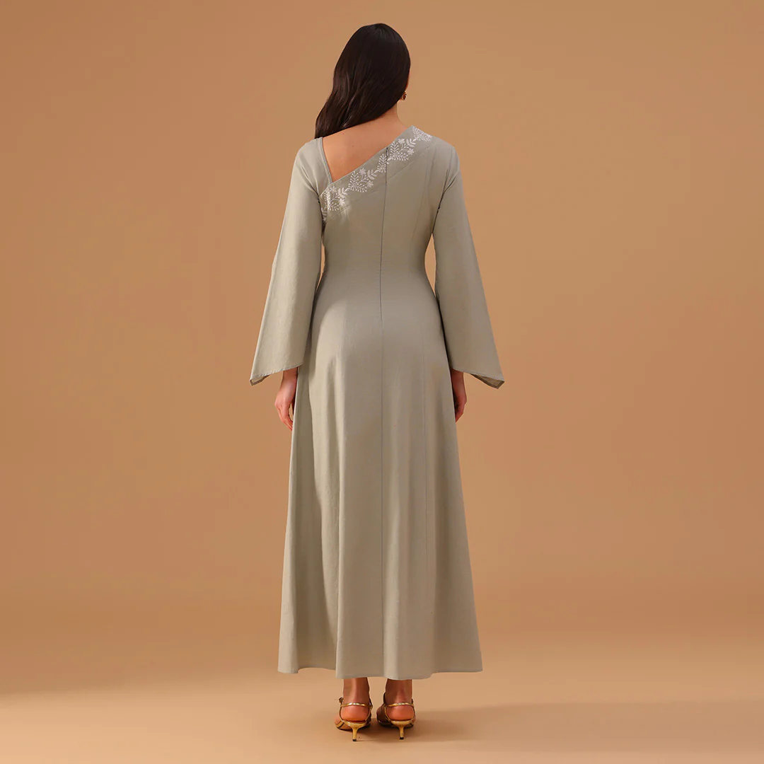 Grey Lenin Bare Shoulder Embroidered Dress - Image 3