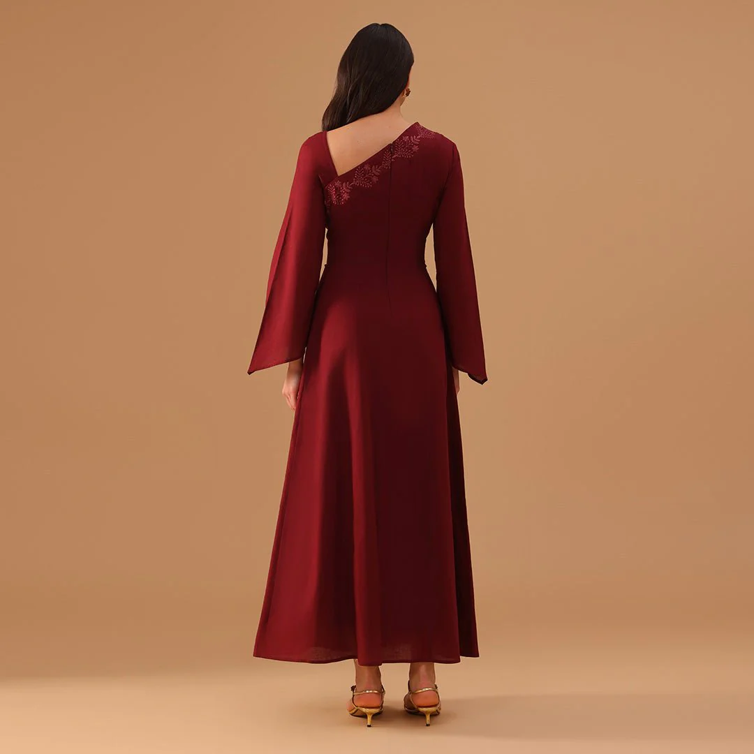 Burgundy Ramie Bare Shoulder Embroidered Dress - Image 4
