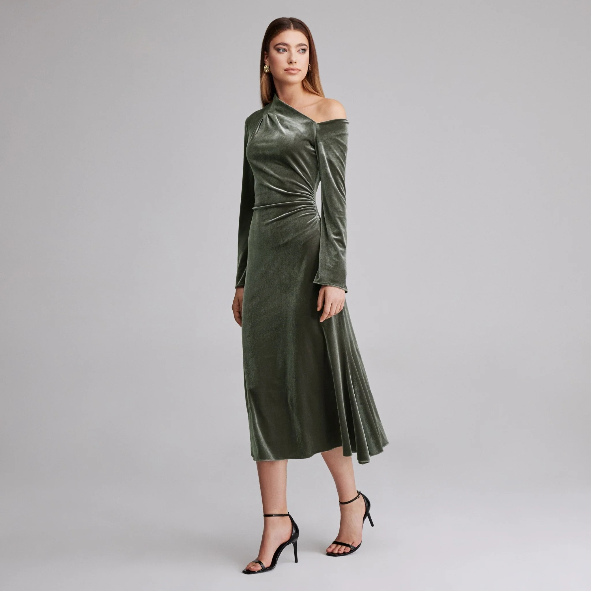 Grey Bare Shoulder Velvet Midi Dress - Image 2