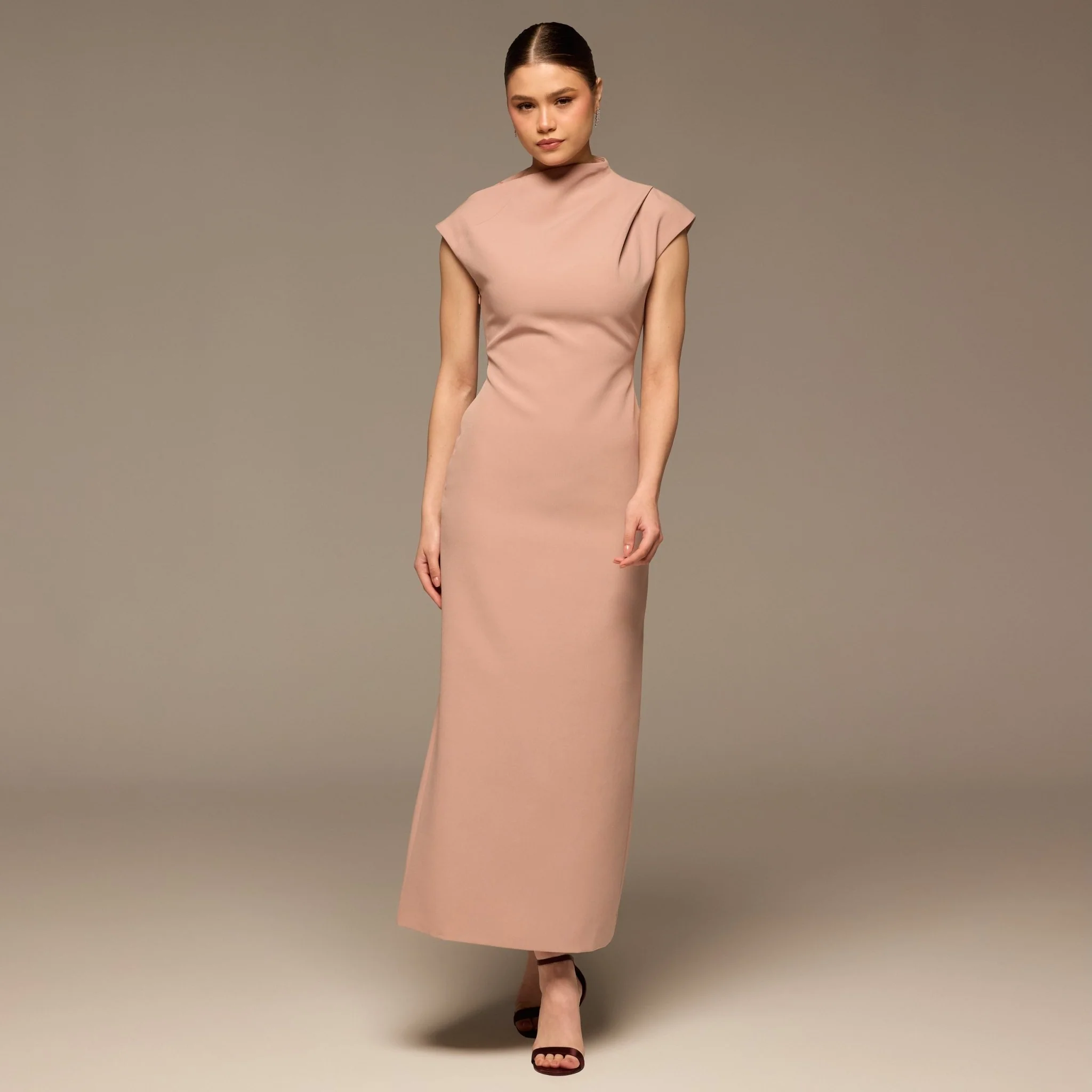 Dusty Rose Draped Shoulder Short Sleeve Midi Dress