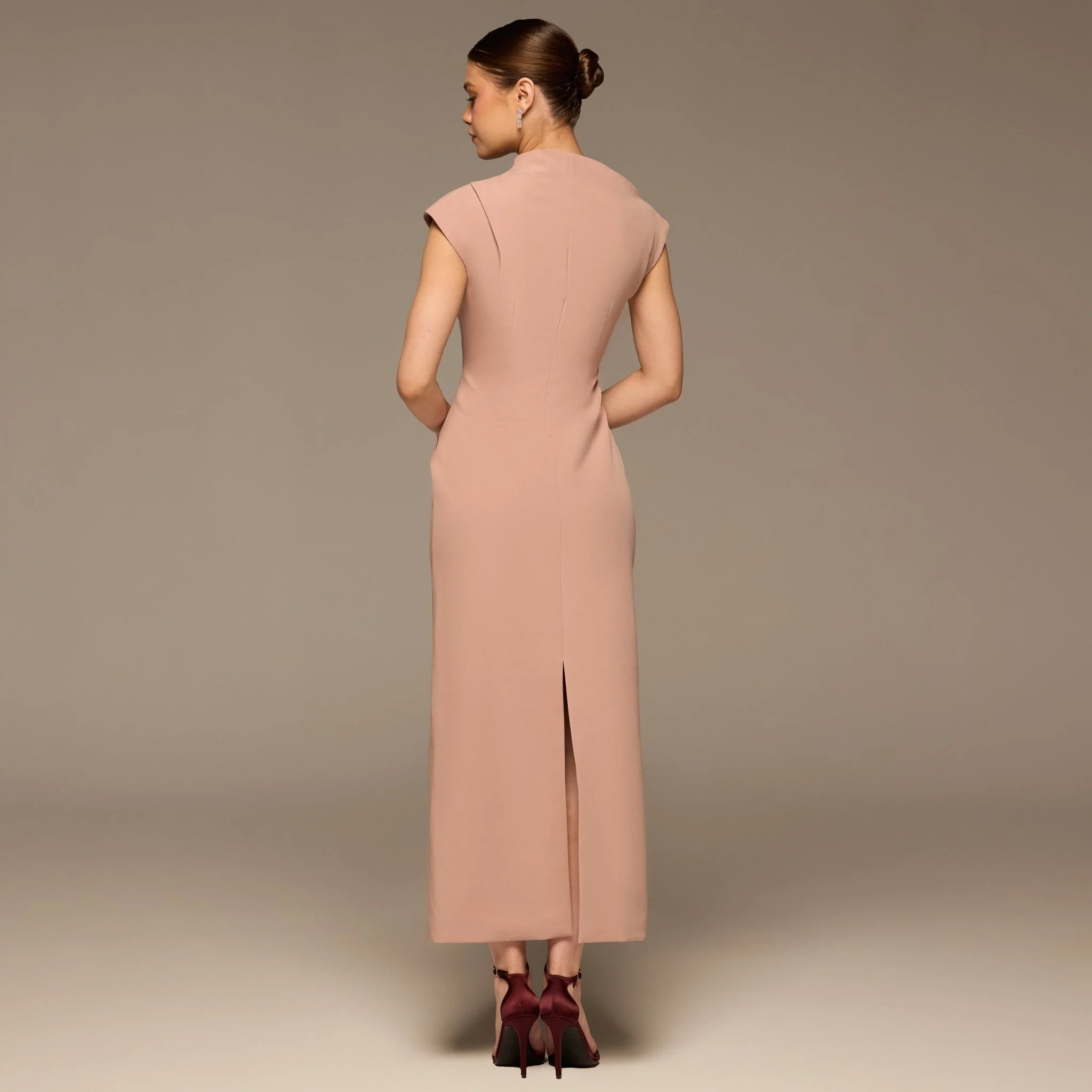 Dusty Rose Draped Shoulder Short Sleeve Midi Dress - Image 4