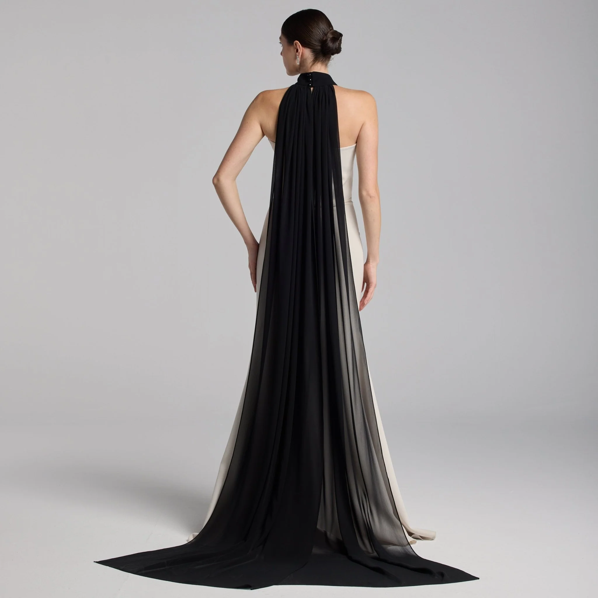 Beige Crepe Gown with Black Chiffon Scarf - Image 4