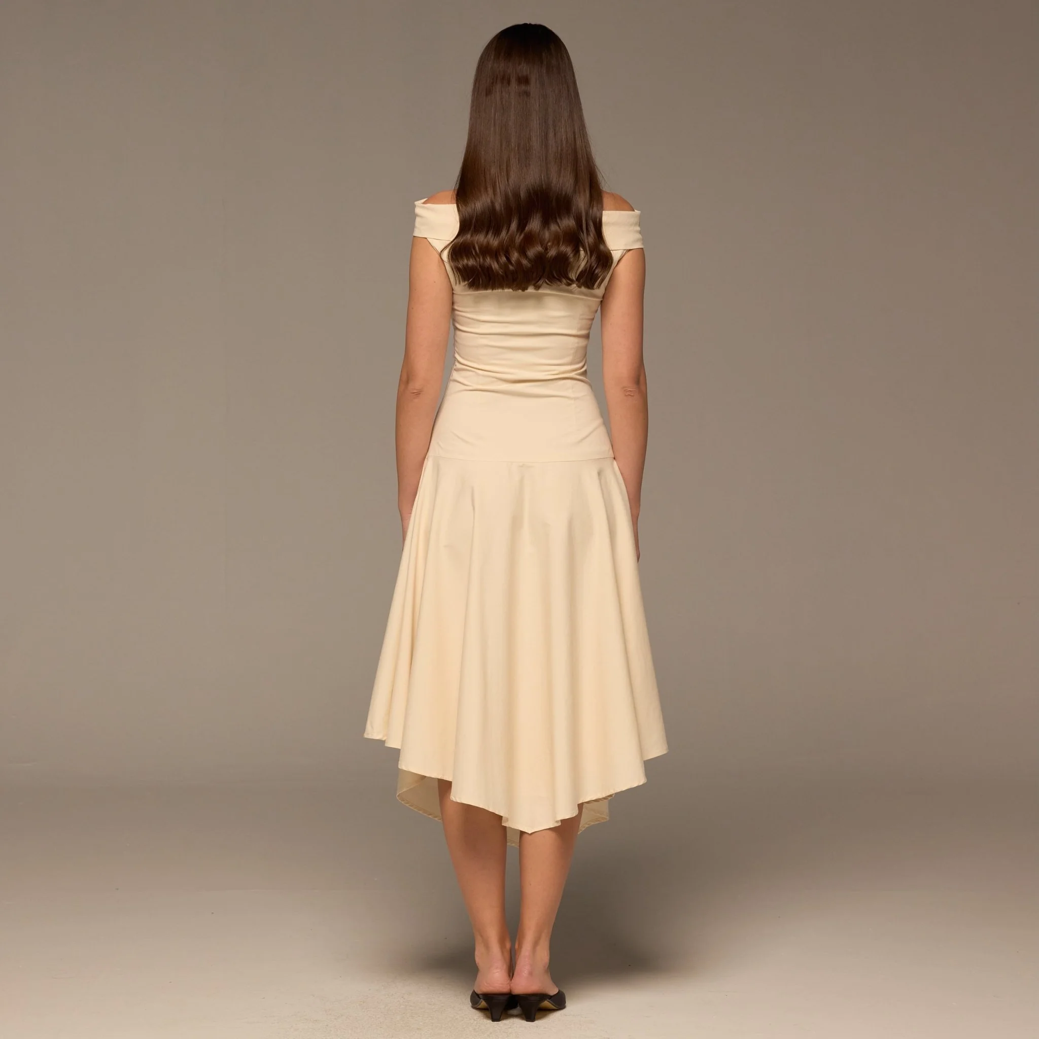 Beige Off-Shoulder Ruched Midi Dress - Image 4