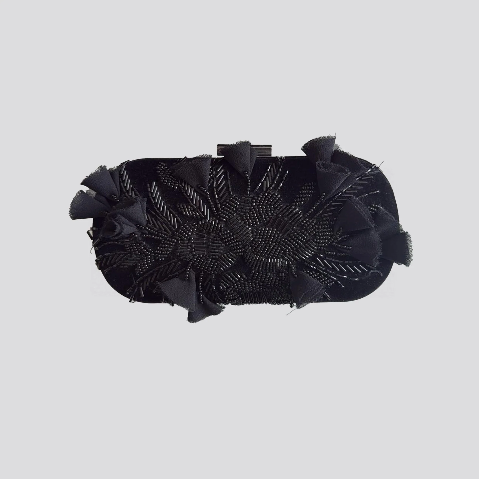 Black Beaded Flower Satin Clutch