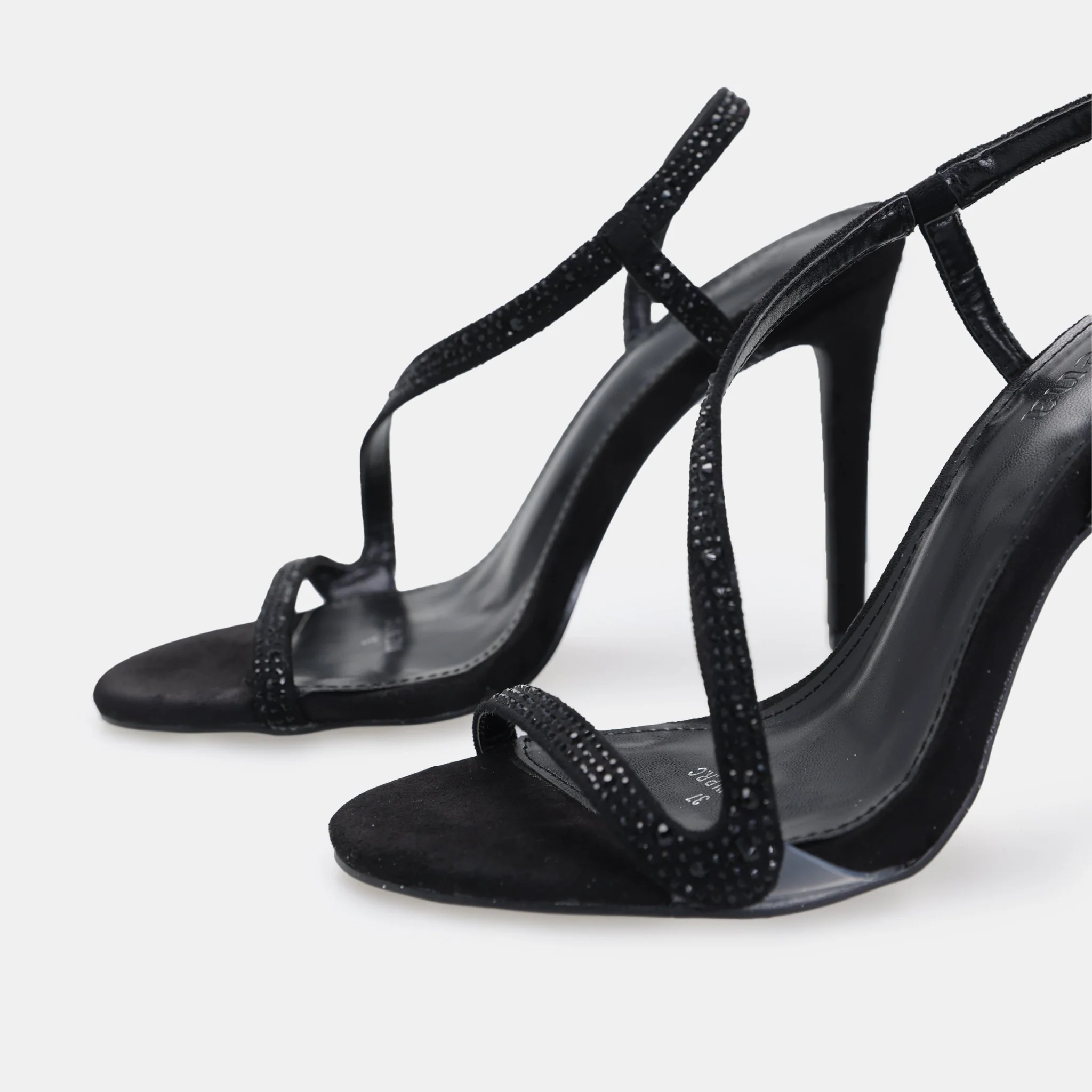 Black Suede Crystal High Heel Sandals - Image 4