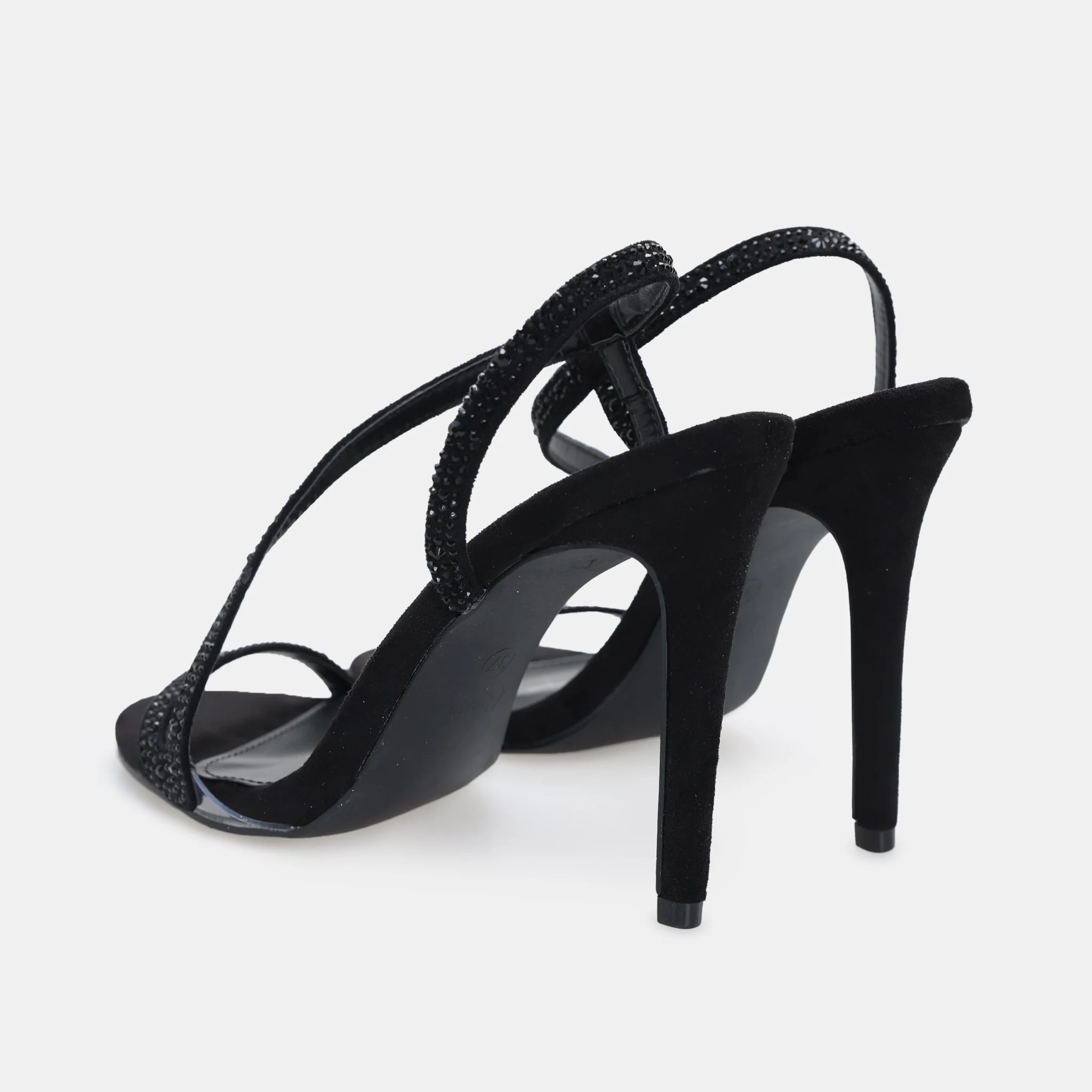 Black Suede Crystal High Heel Sandals - Image 5