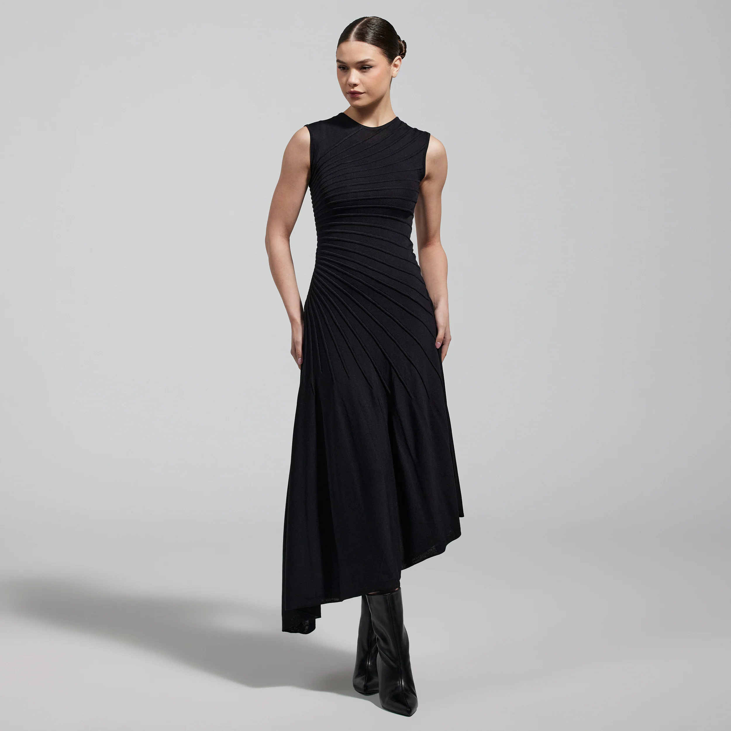 Black Asymmetric Knit Midi Dress
