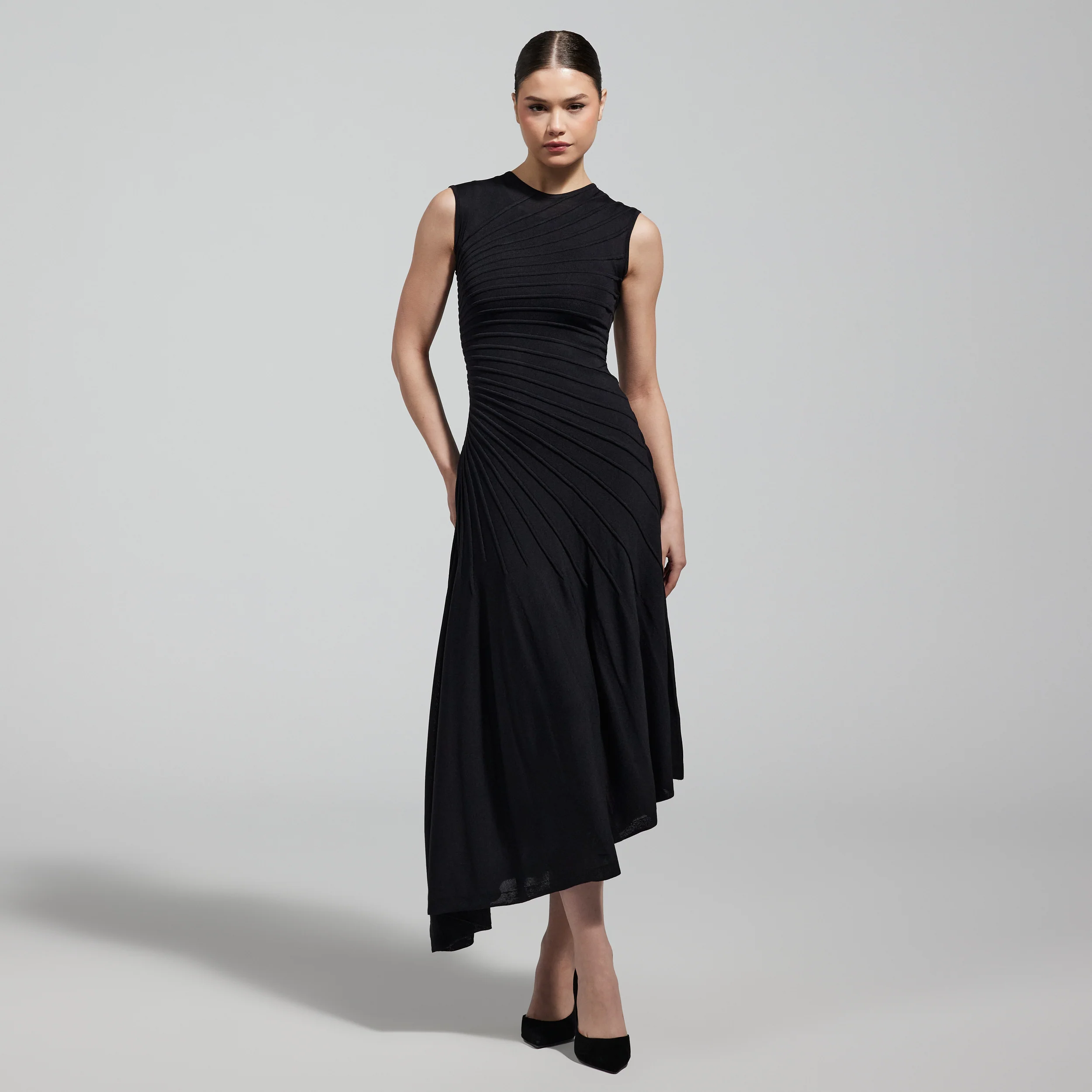 Black Asymmetric Knit Midi Dress - Image 2