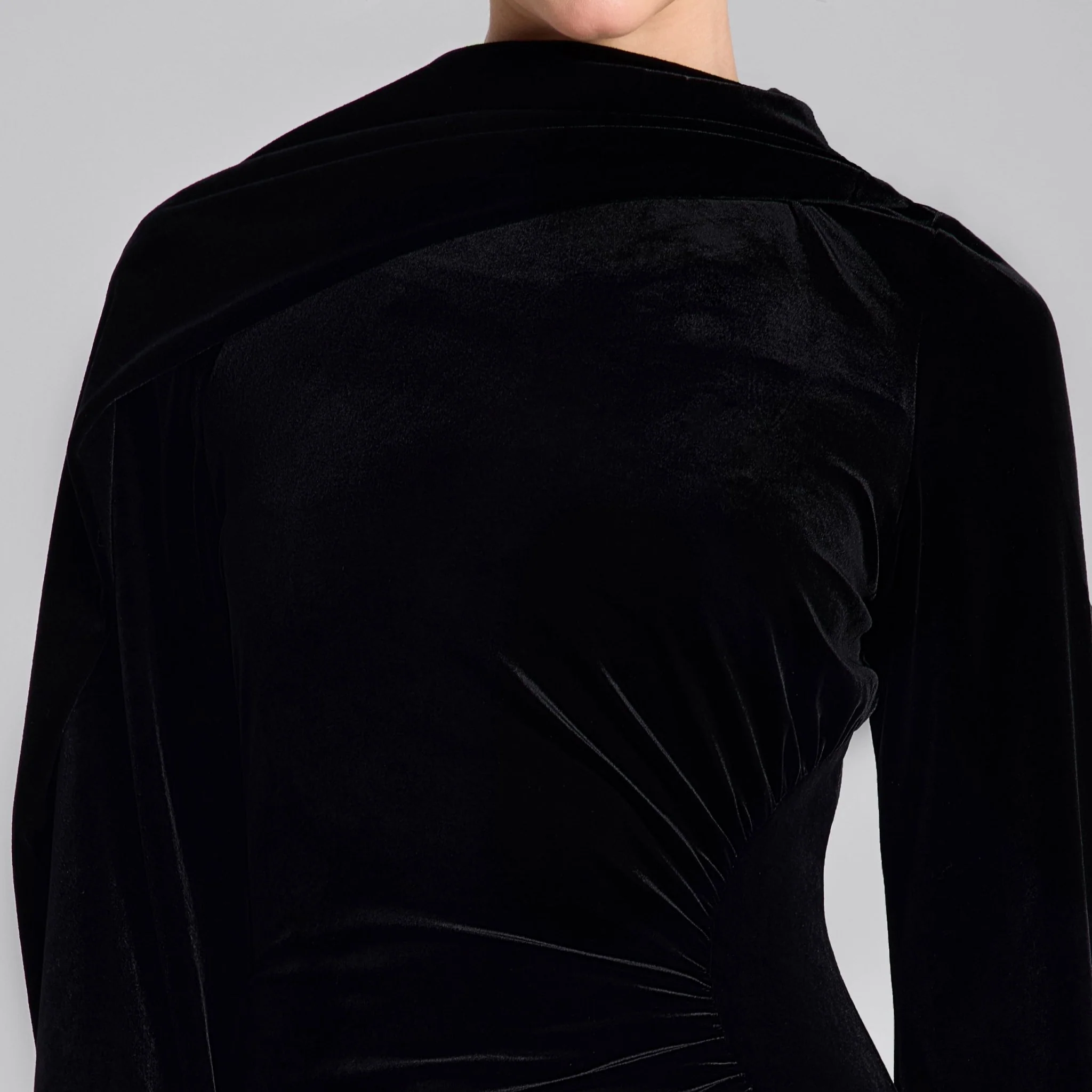 Black Cowl Neck Draped Velvet Midi Dress - Image 3