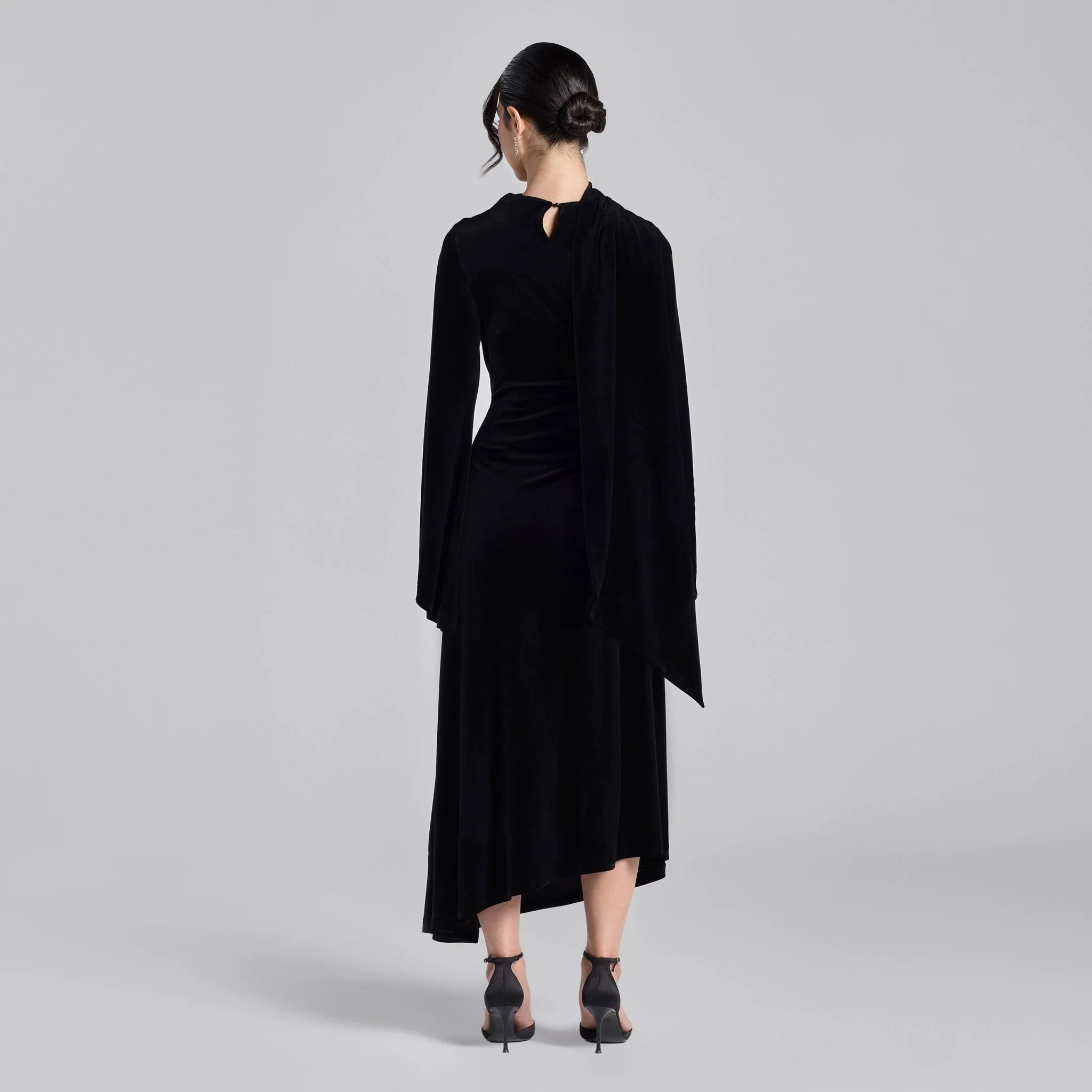 Black Cowl Neck Draped Velvet Midi Dress - Image 4