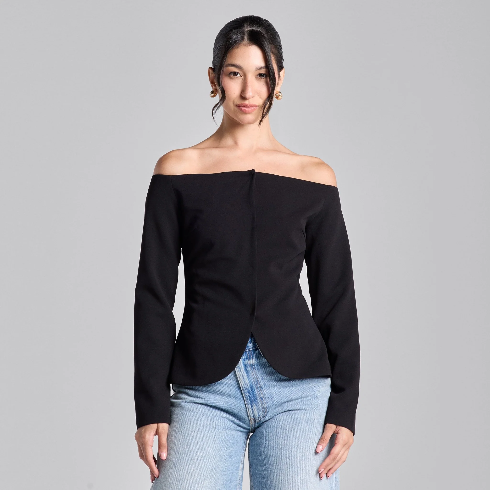 Black Off Shoulder Crepe Blazer