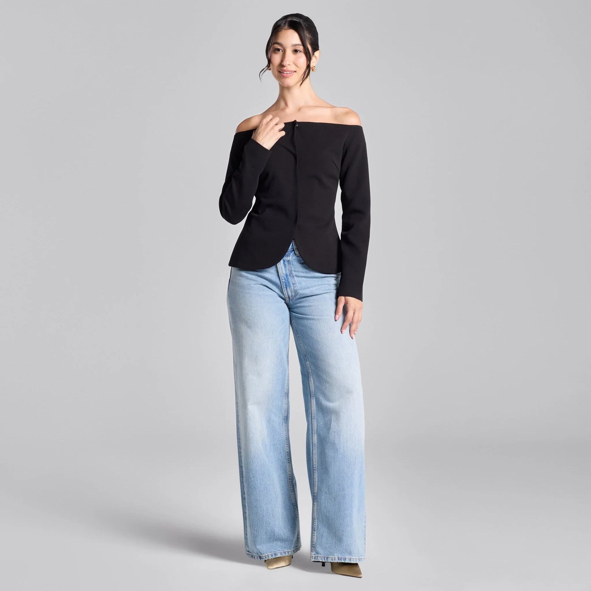Black Off Shoulder Crepe Blazer - Image 2